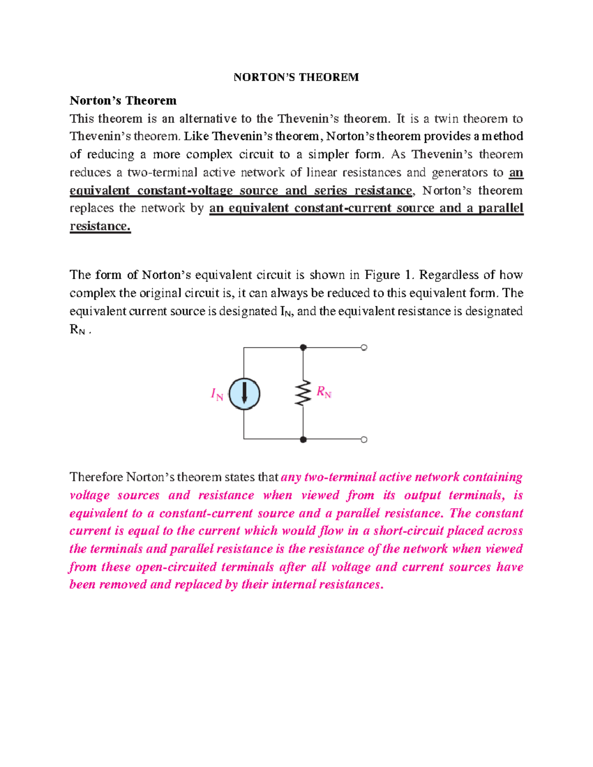 Norton's theorem - good practice note - NORTON’S THEOREM Norton’s ...