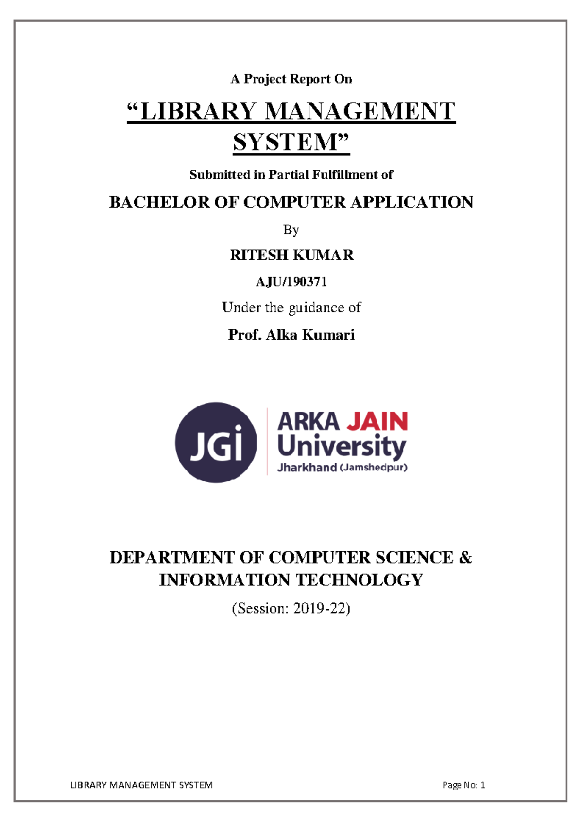 Library Management System: A Project Report for BCA - AJU/190 371 - Studocu
