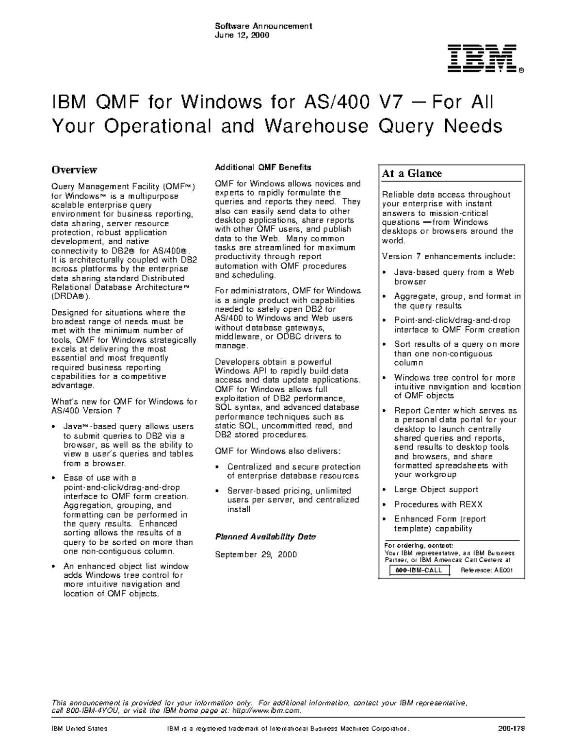 ENUS200-179 - IBM QMF for Windows V7 Software Announcement Overview ...