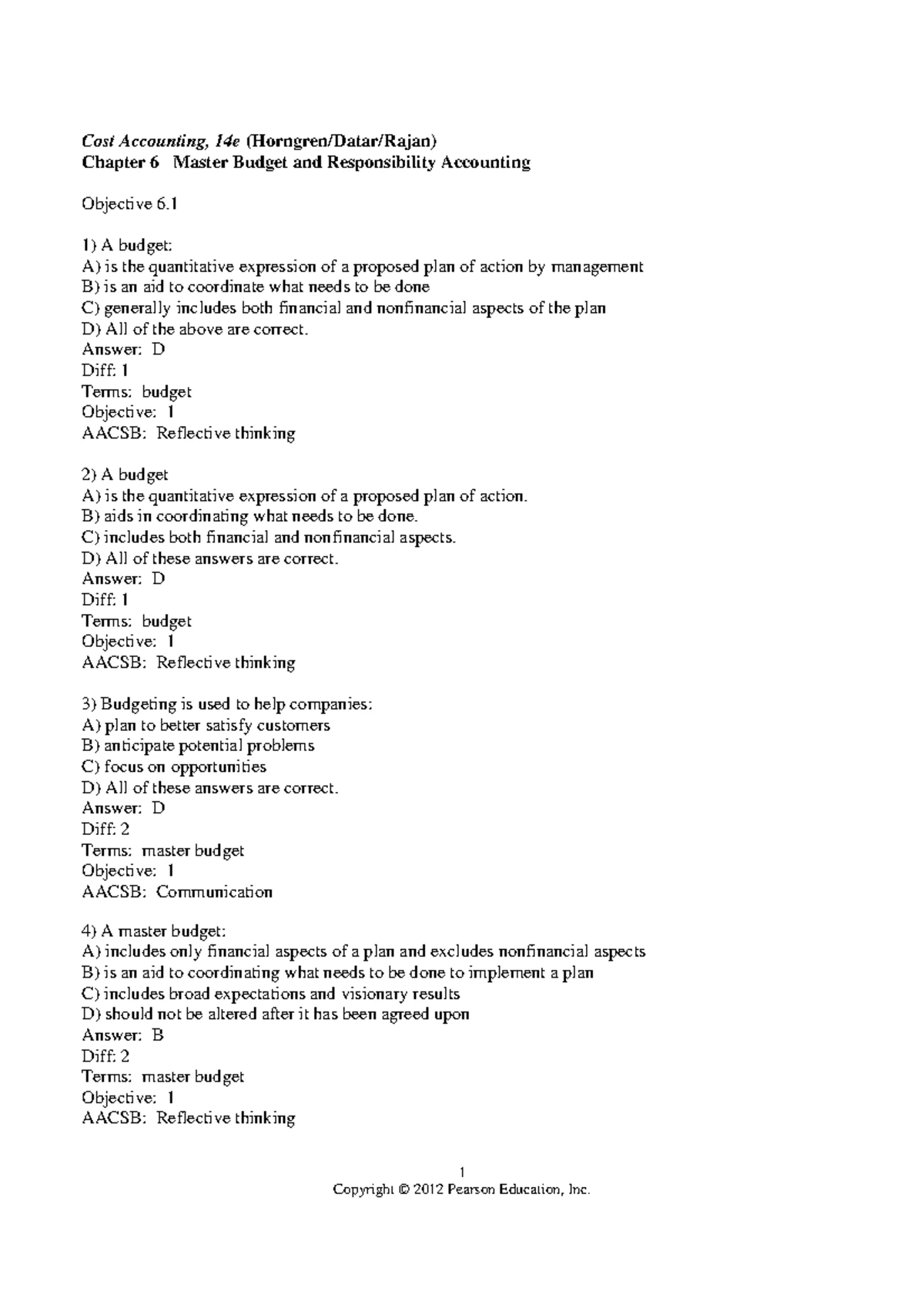 Cost Accounting 14e: Chapter 7 Test Bank on Flexible Budgets and ...