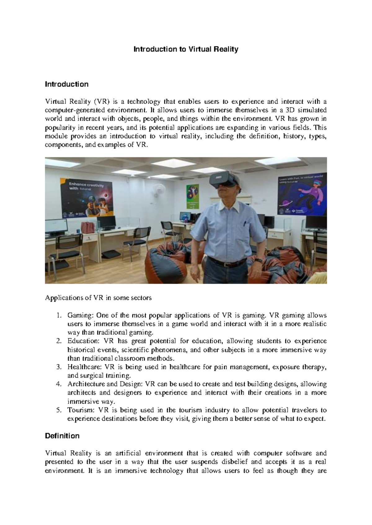 Module 1: Introduction to Virtual Reality (VR) and Its Applications ...