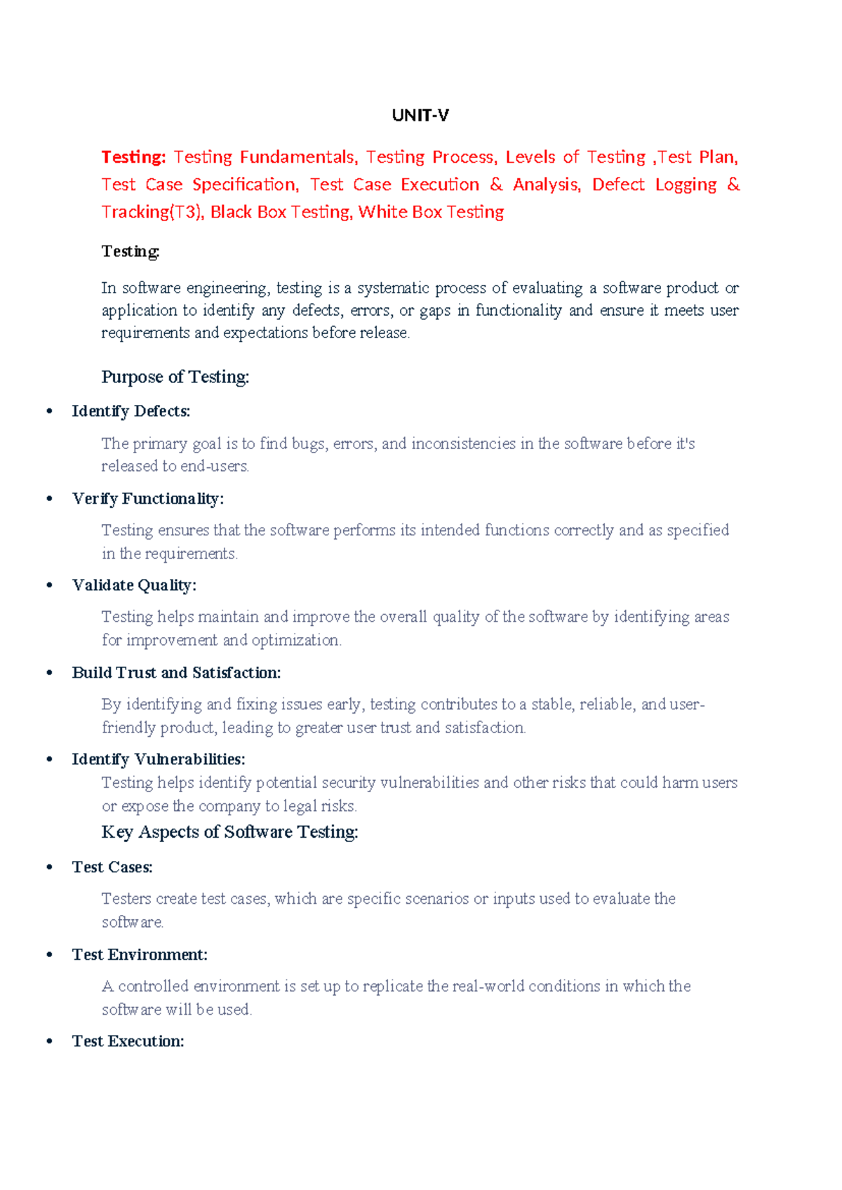 Unit 5 material - want to study - UNIT-V Testing: Testing Fundamentals ...
