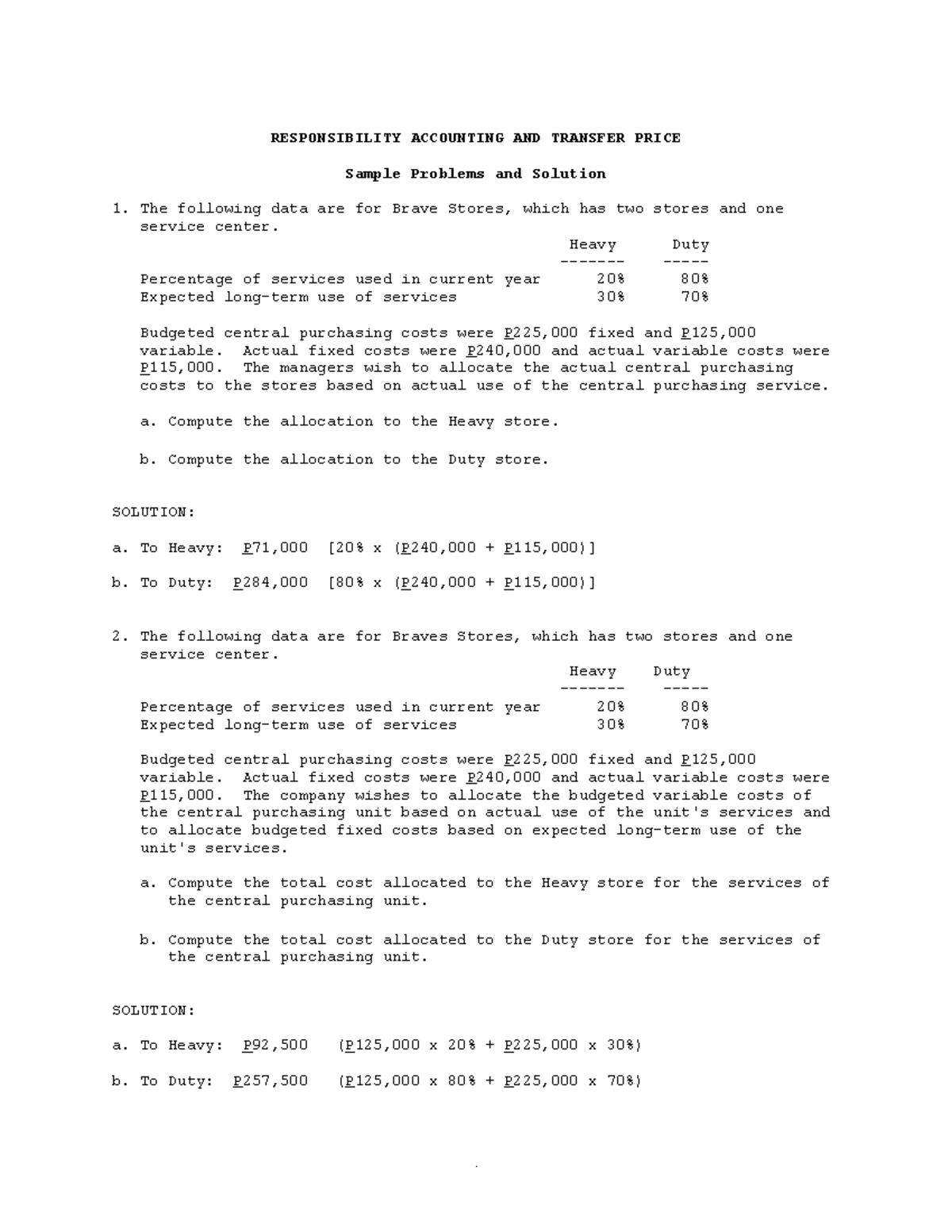 Responsibility Accounting and Transfer Pricing Notes (ACCT 301) - Studocu