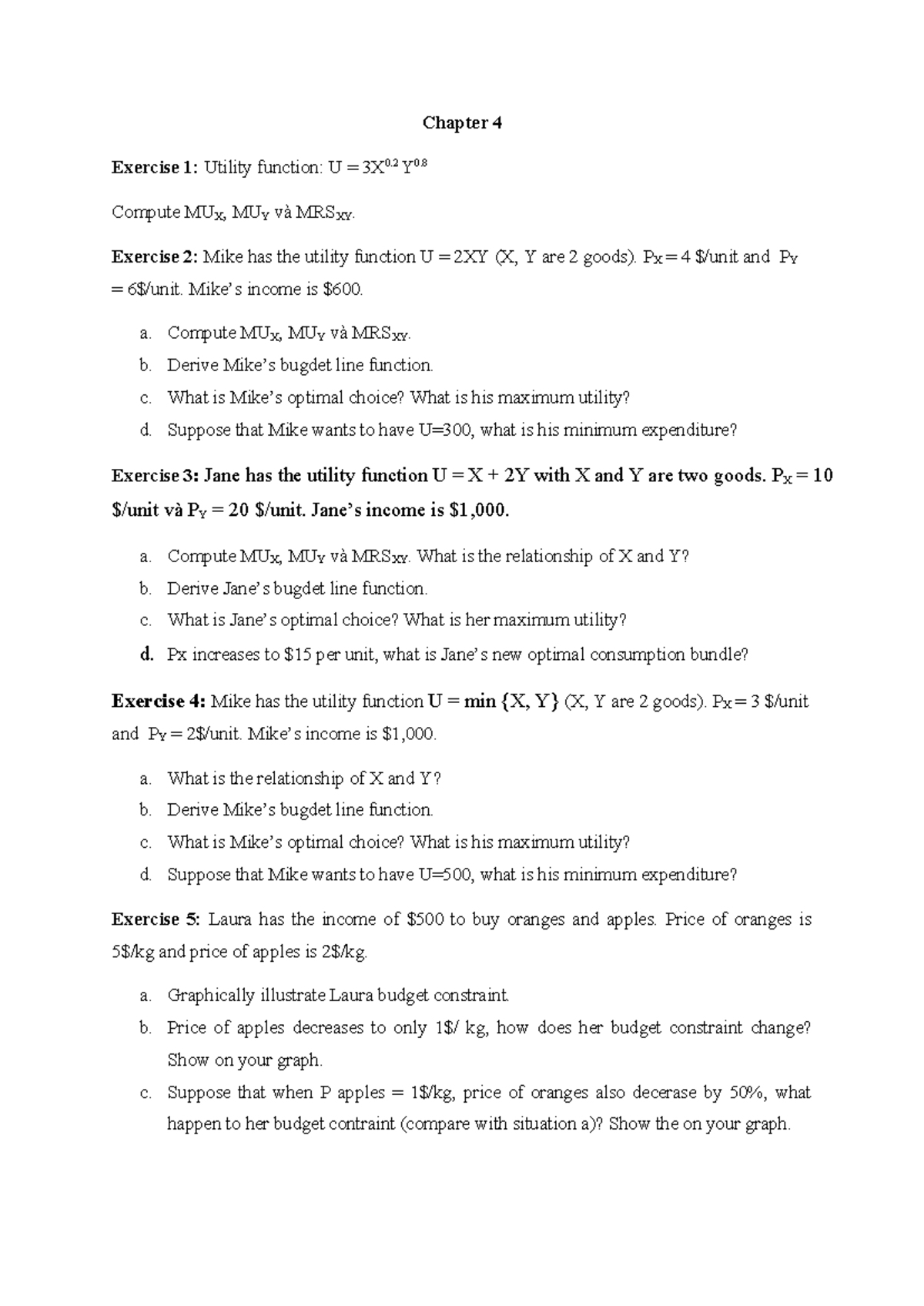Chapter 4 Homework: Utility Functions and Budget Constraints Analysis ...