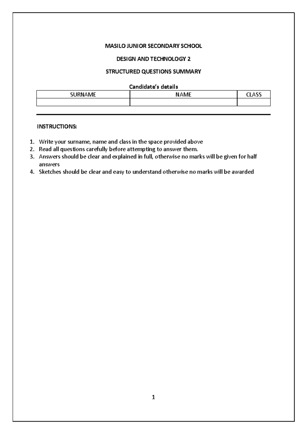 D&T 2 Structured Questions Summary for Junior Secondary School - Studocu