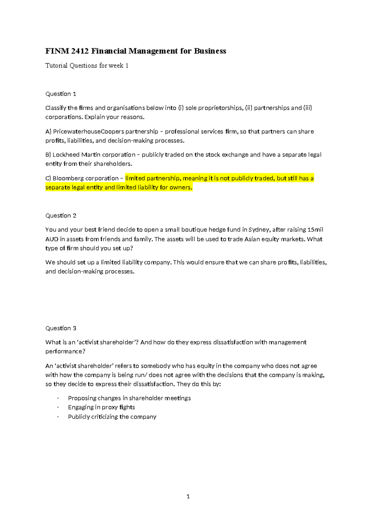 Week 1 Tutorial Questions FINM2412 - FINM 2412 Financial Management for ...