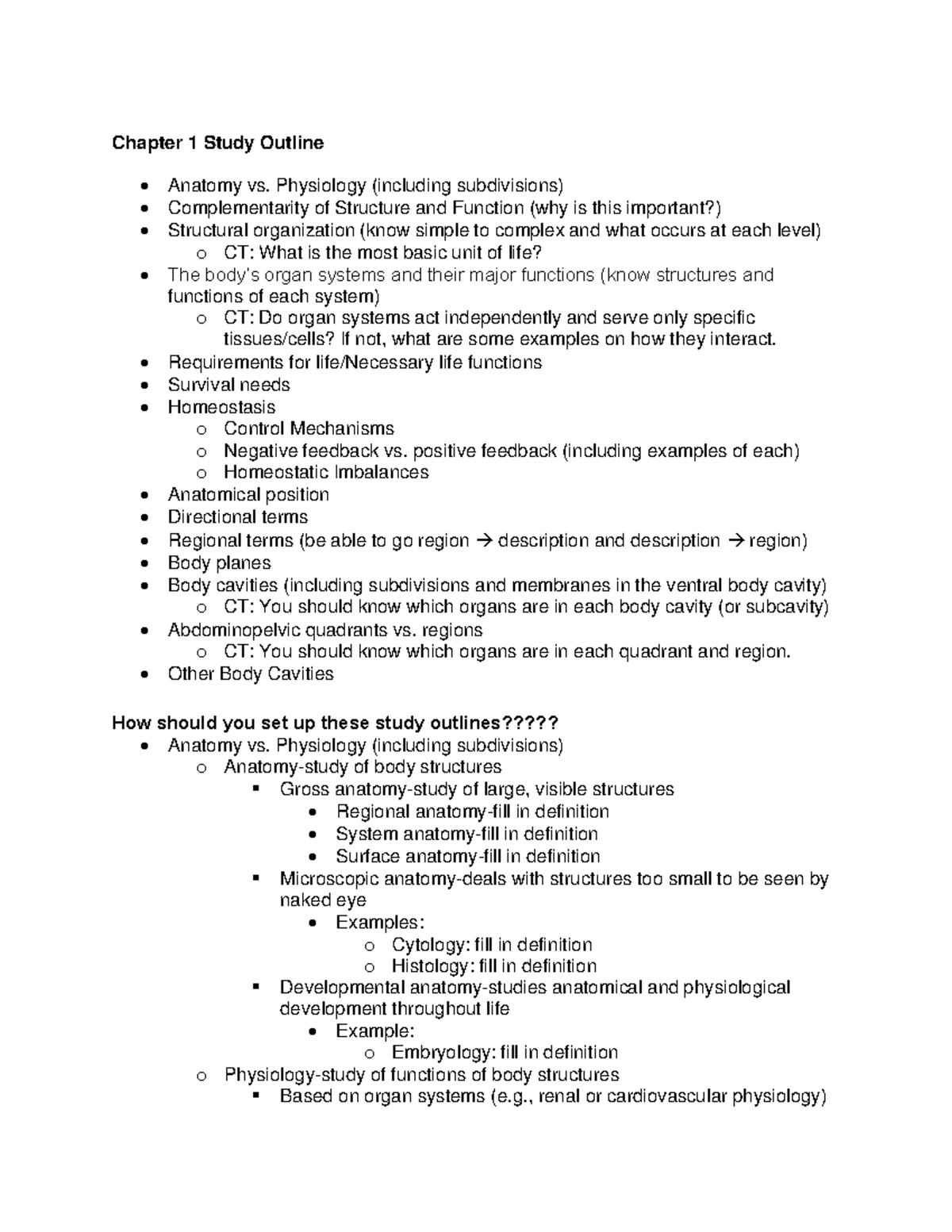 Anatomy and Physiology Study Outline (BIO101): Key Concepts ...