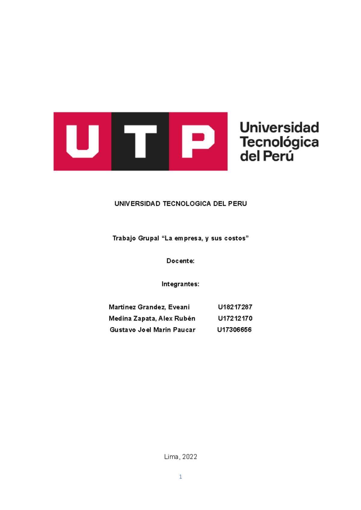 Trabajo Grupal sobre Costos Empresariales en UTP - Document Preview
