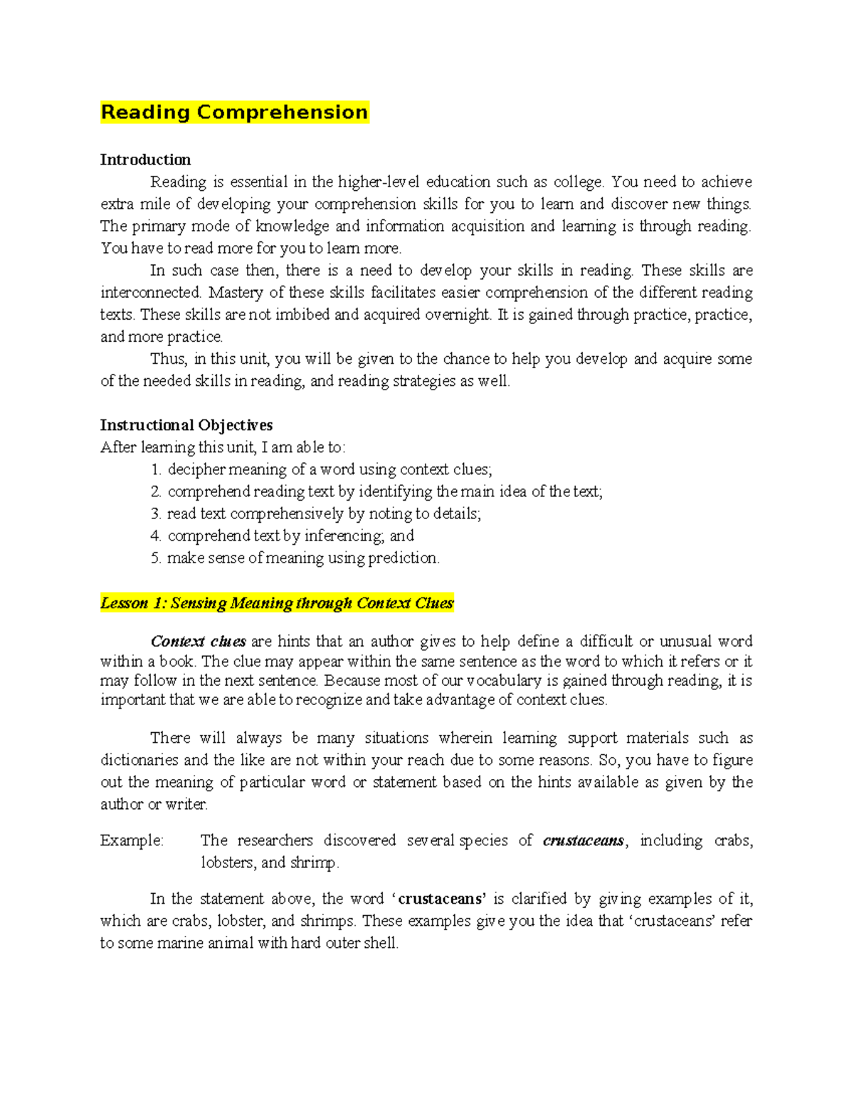 Comprehension Skills for Reading: Strategies & Exercises - Studocu