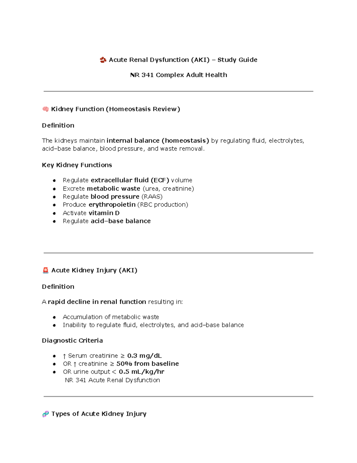 NR 341 Week 4 Study Guide: Acute Renal Dysfunction (AKI) - Studocu
