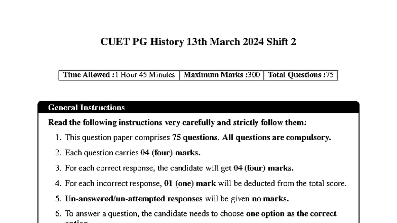 CUET PG History 2024 Answer Key for 13th March Exam - Studocu