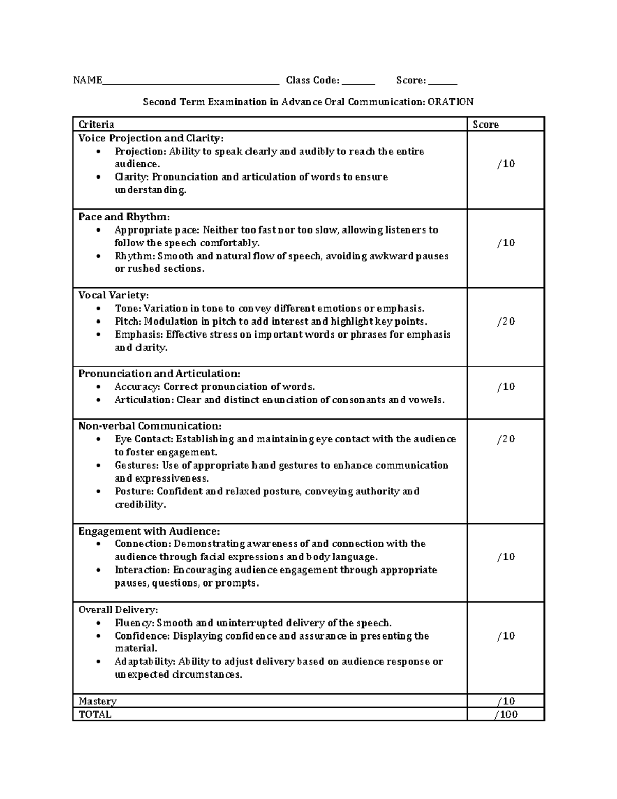 2nd Term Exam Oration Rubric for Advance Oral Communication - Studocu