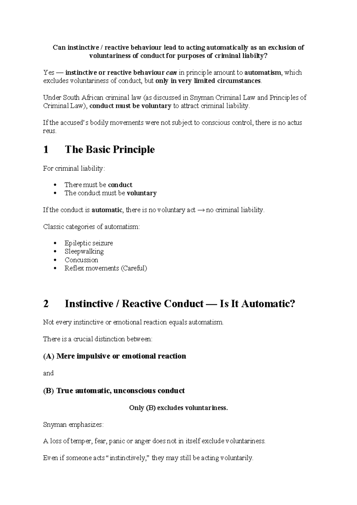 Instinctive Behaviour vs Automatism in Criminal Liability (LAW 101 ...