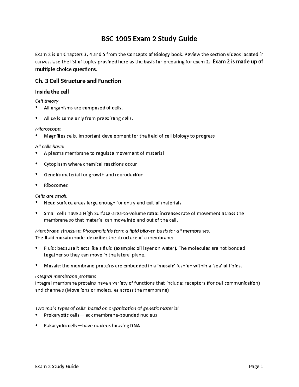 BSC 1005 Exam 2 Study Guide: Cell Structure, Respiration ...