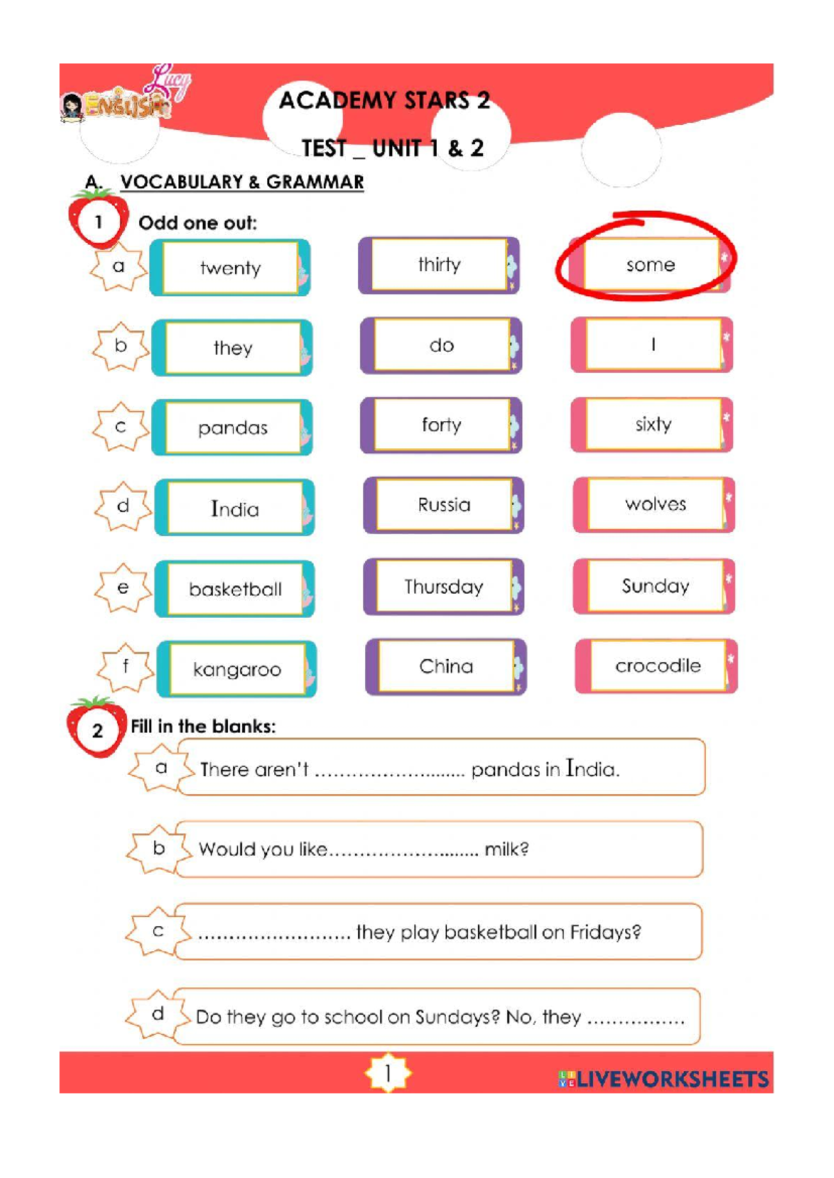 ENGLISH ACADEMY STARS 2 TEST UNIT 1: VOCABULARY & GRAMMAR - Studocu