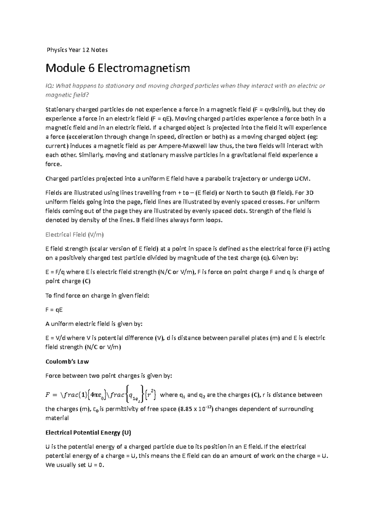 Year 12 Physics Electromagnetism Notes (PHYS101) - Studocu