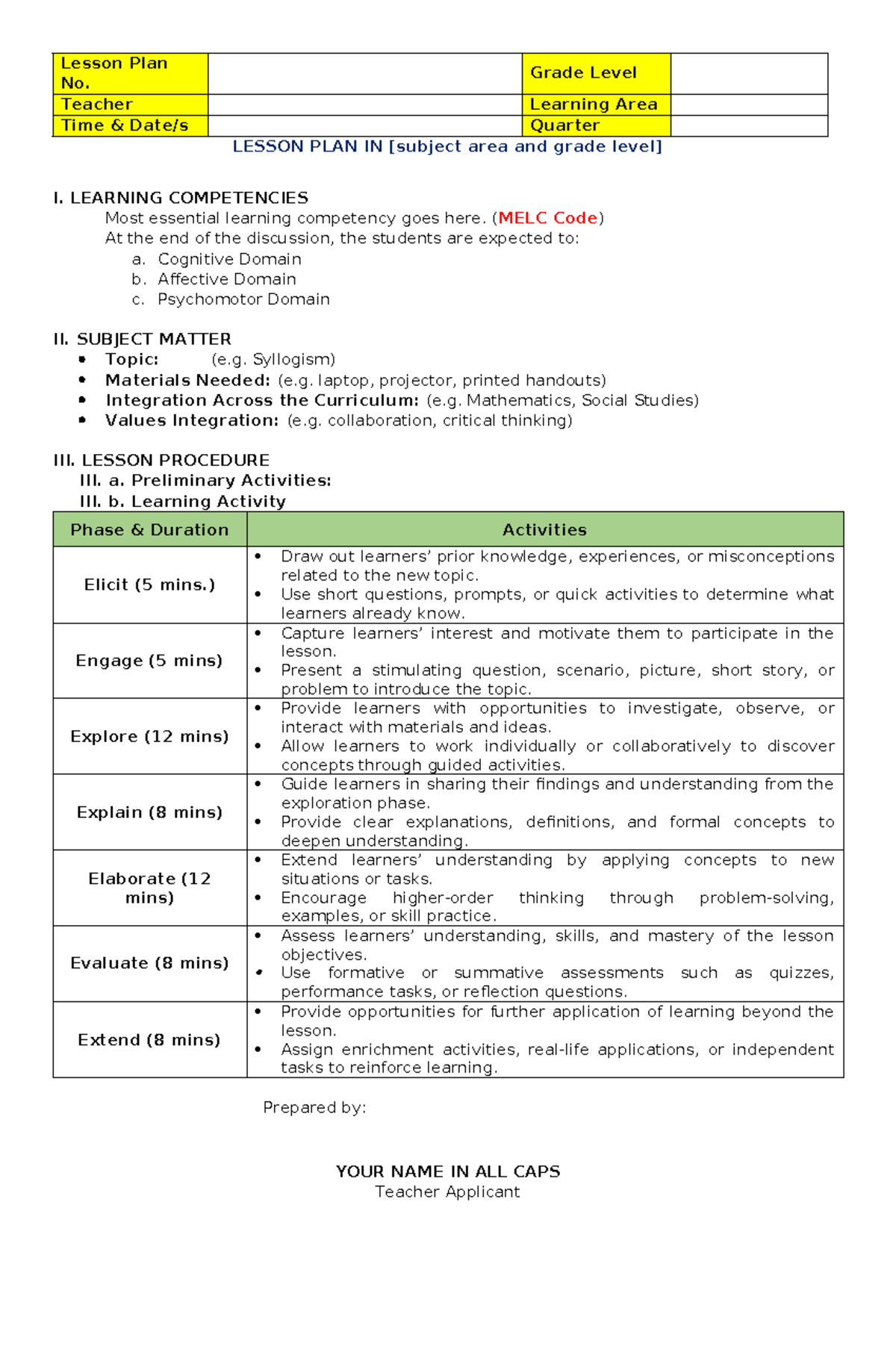 Lesson Plan Template for Teacher Applicants: Structure & Guidelines ...