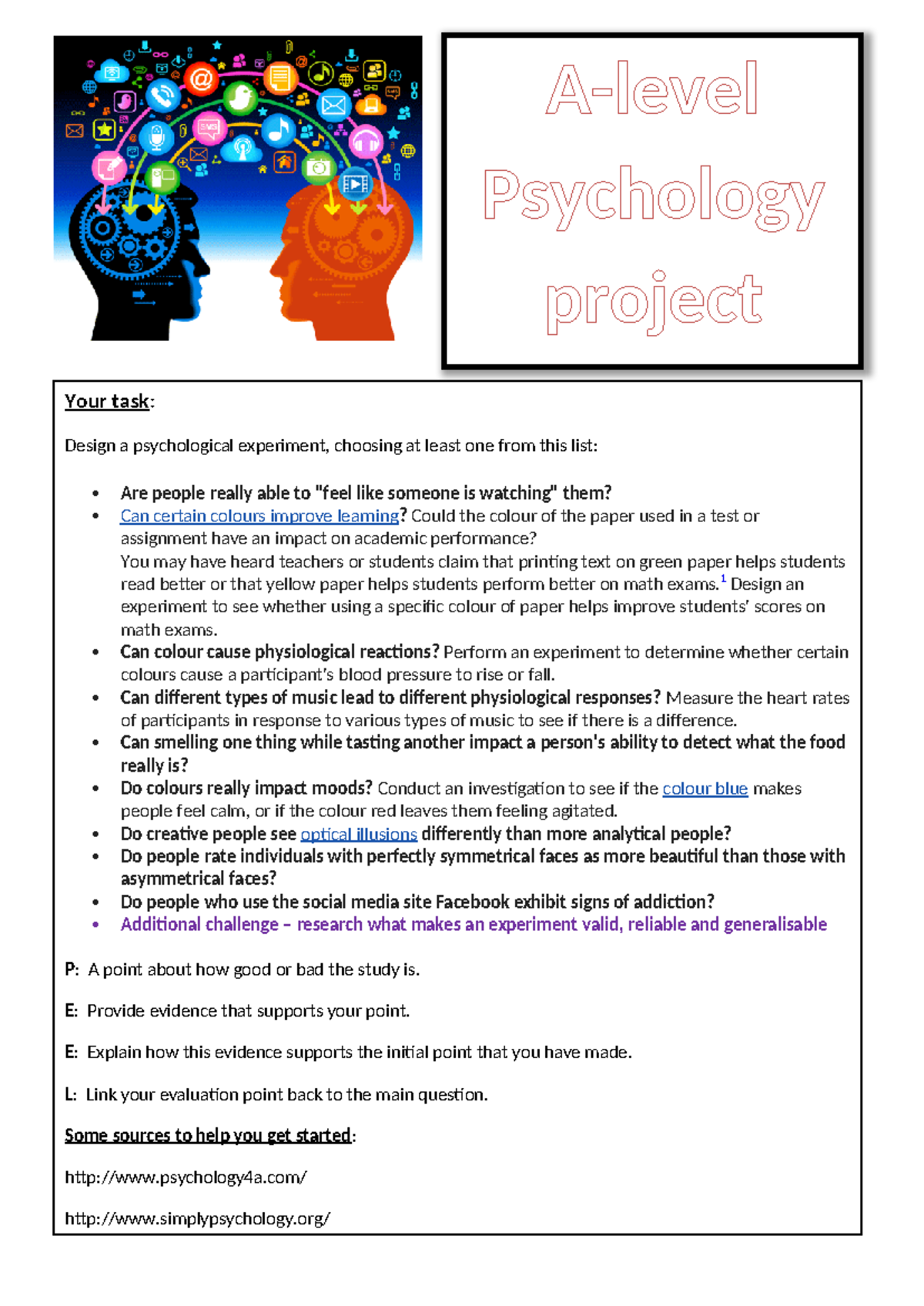 A-level Psychology Project: Designing Psychological Experiments - Studocu