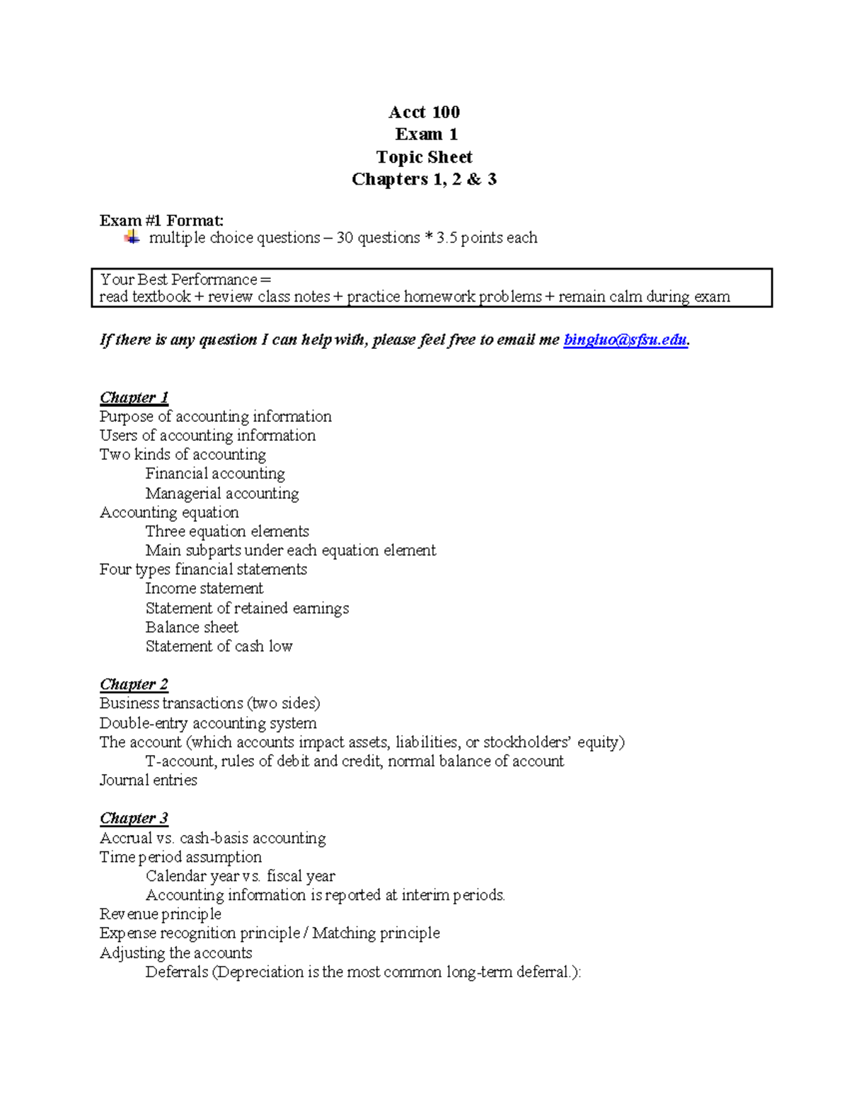 Acct 100 Exam 1 Review: Chapters 1-3 Topic Sheet Guide - Studocu
