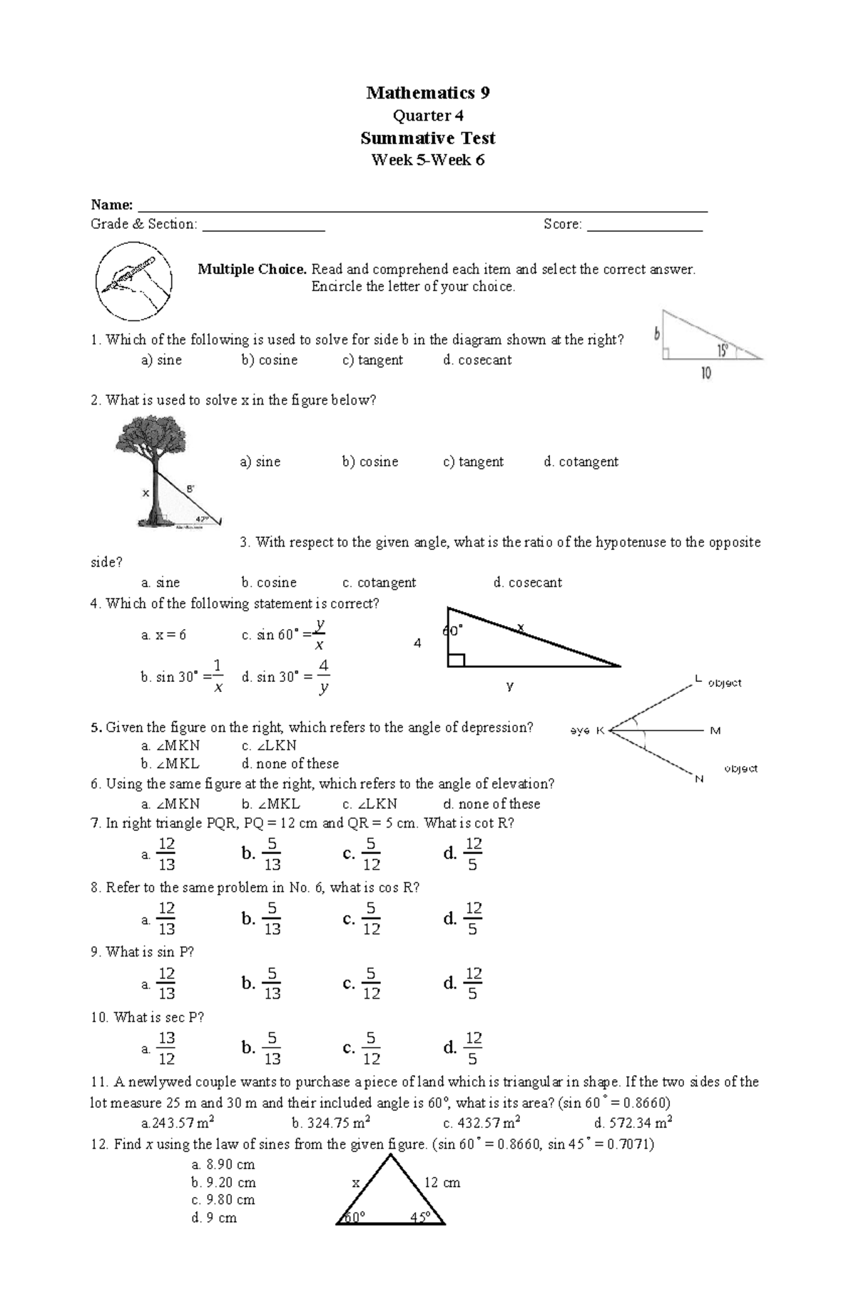 Math-9 Q4 Summative Test WK5-6 - Mathematics 9 Quarter 4 Summative Test ...