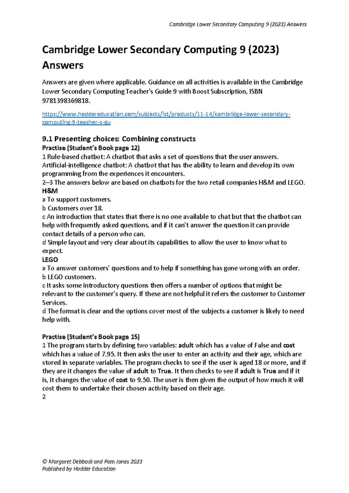 Cambridge Lower Secondary Computing 9 (2023) Practice Answers Guide ...