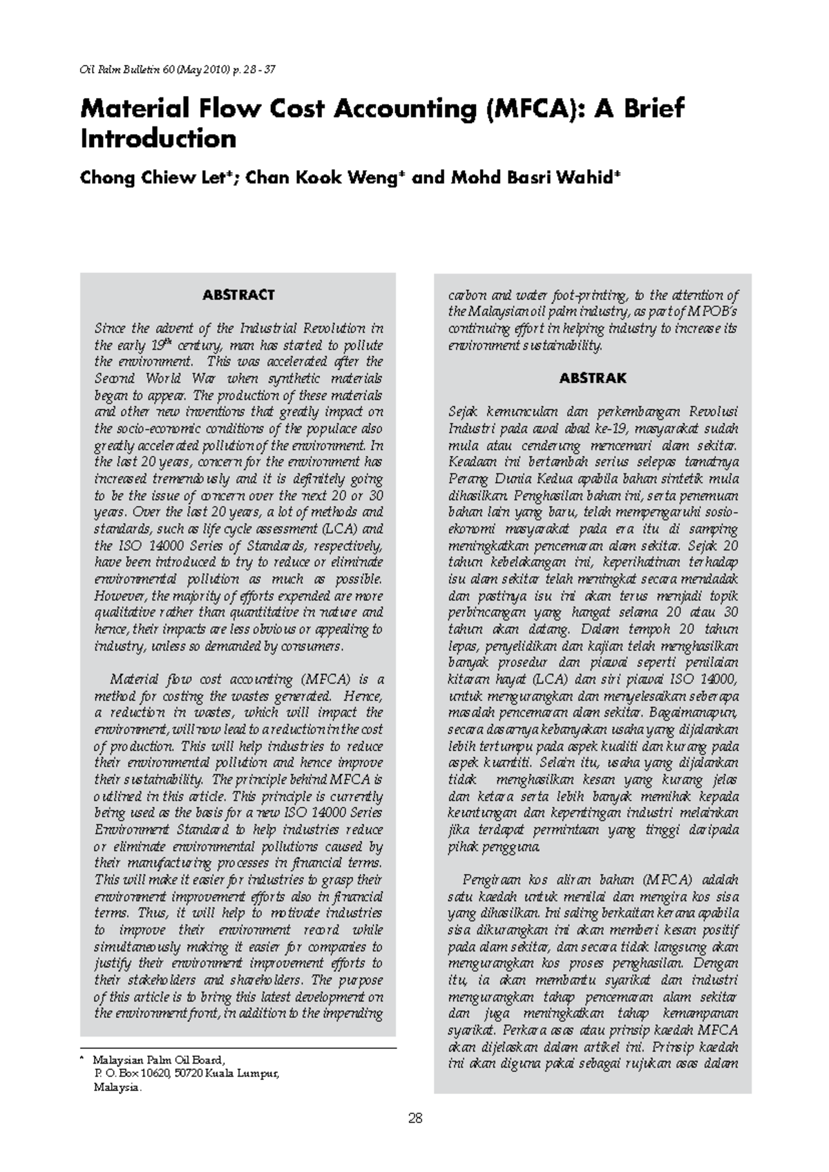 Material Flow Cost Accounting (MFCA) in Malaysian Oil Palm Industry ...