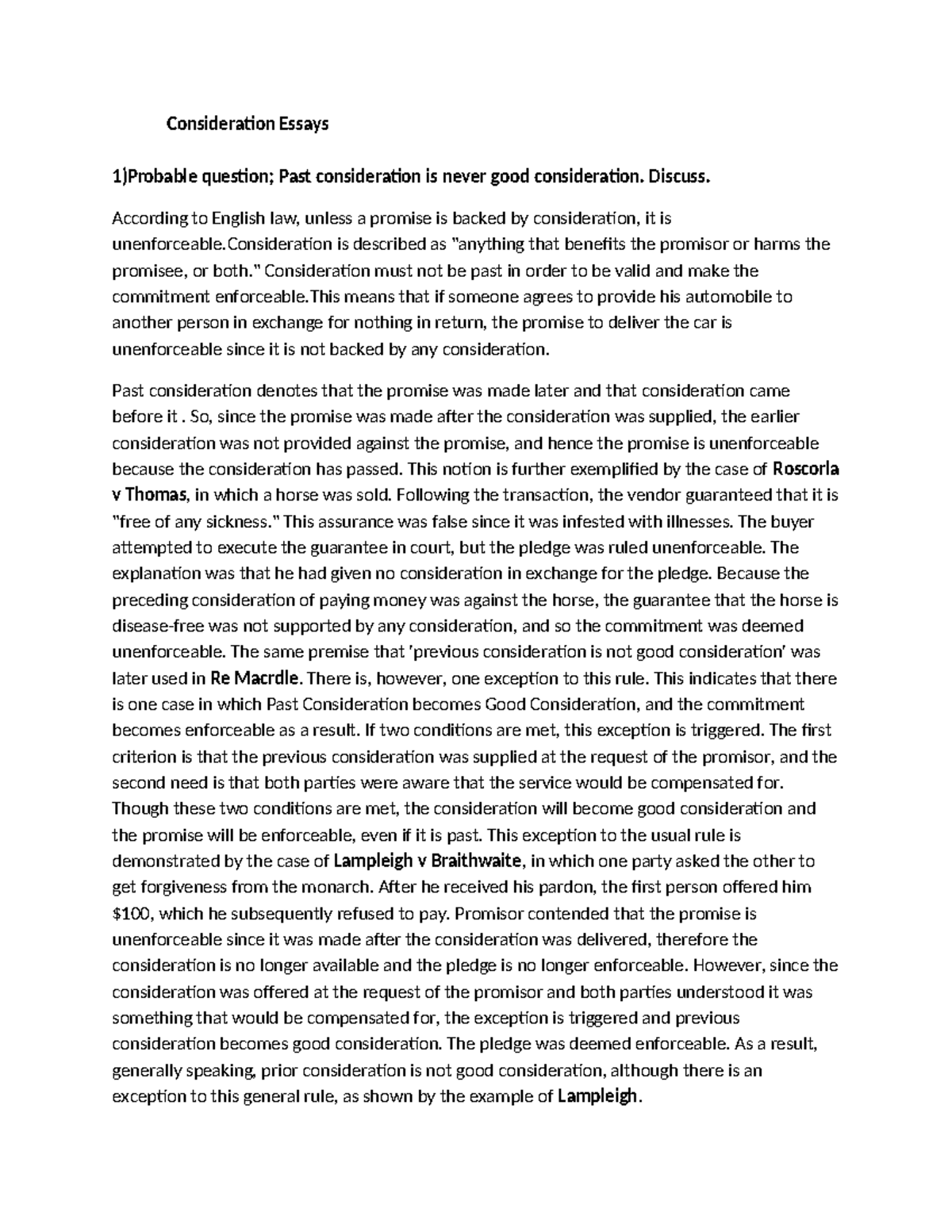 Consideration Essays for Law 101: Past & Present Consideration ...