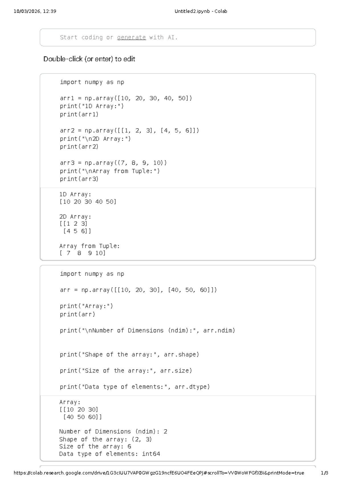 Python NumPy Basics: 1D & 2D Arrays - Colab Notebook - Studocu