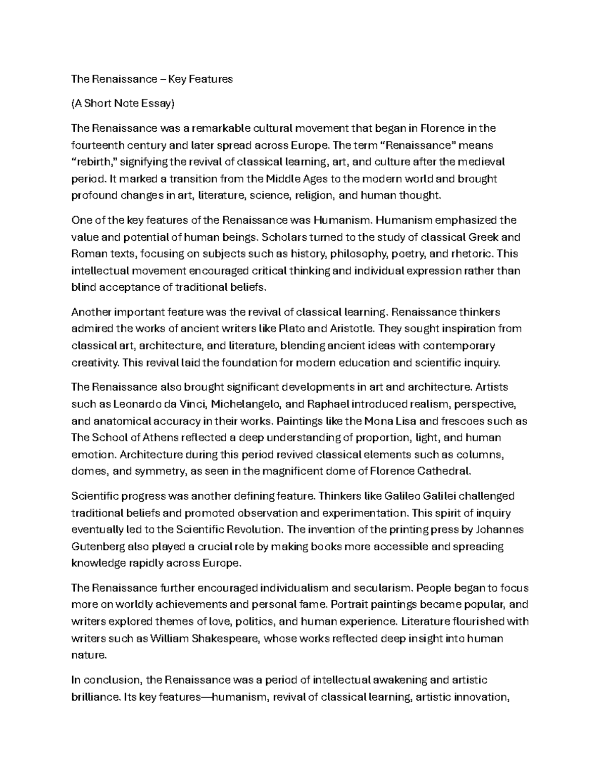 Renaissance Key Features: A Short Note Essay (DOC-20260303-WA0045 ...