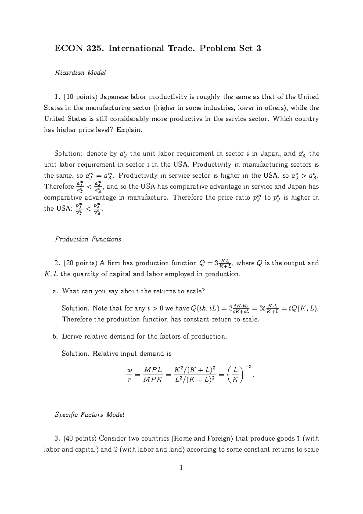 Econ325 Problem Set 3 Solutions: Ricardian & Specific Factors Models ...