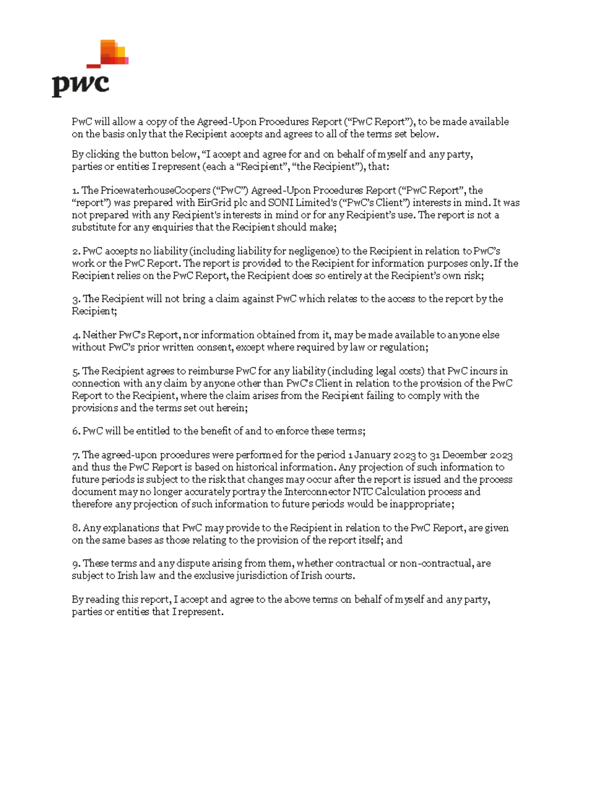 PwC Report on Agreed-Upon Procedures for ISRS 4400 - 2023 NTC ...