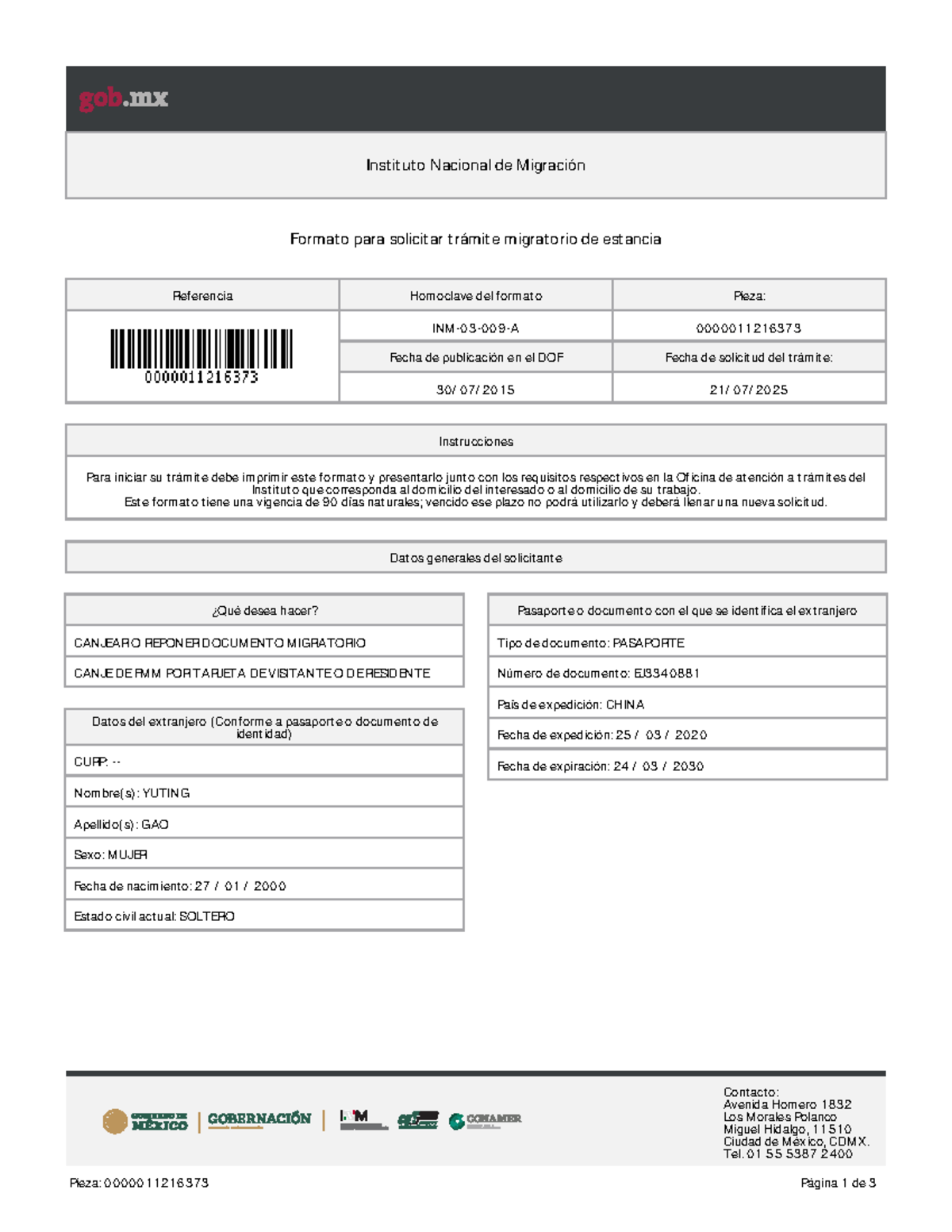 Formato INM para Solicitar Trámite Migratorio de Estancia - Studocu