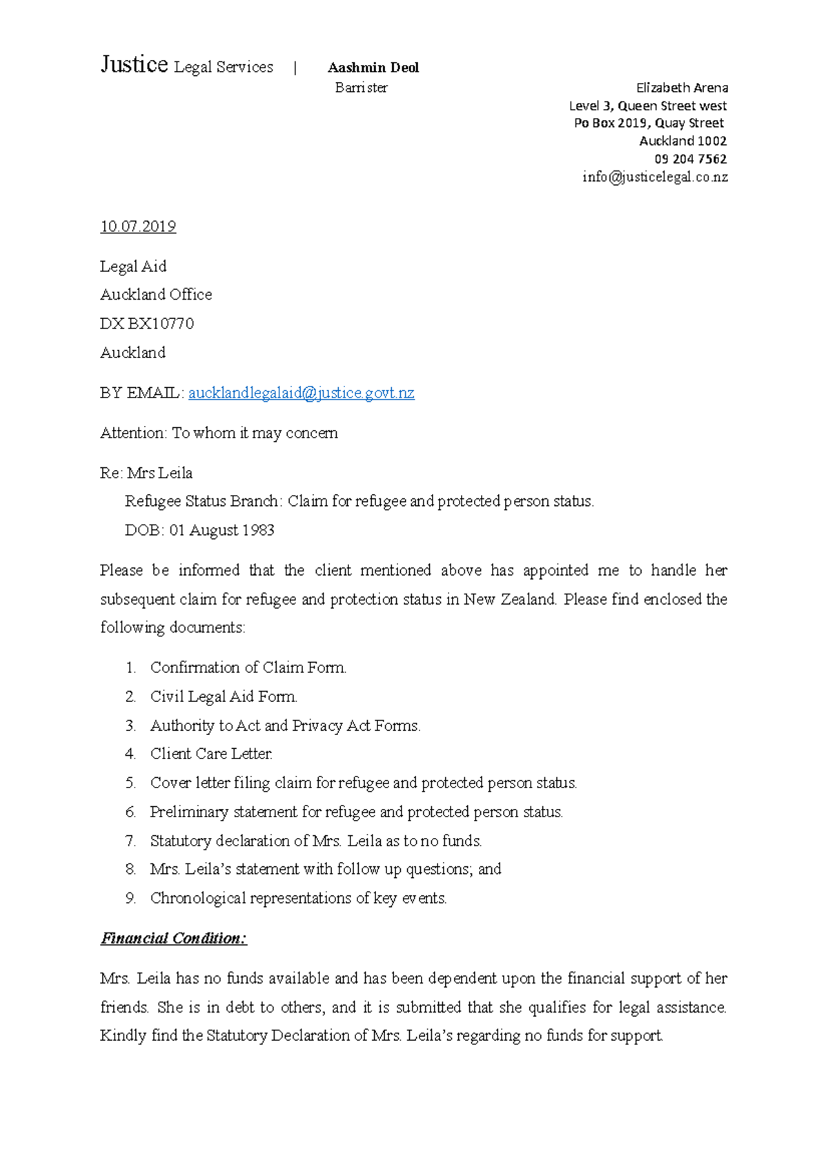 Refugee Status Claim for Mrs. Leila: Legal Aid Submission Overview ...