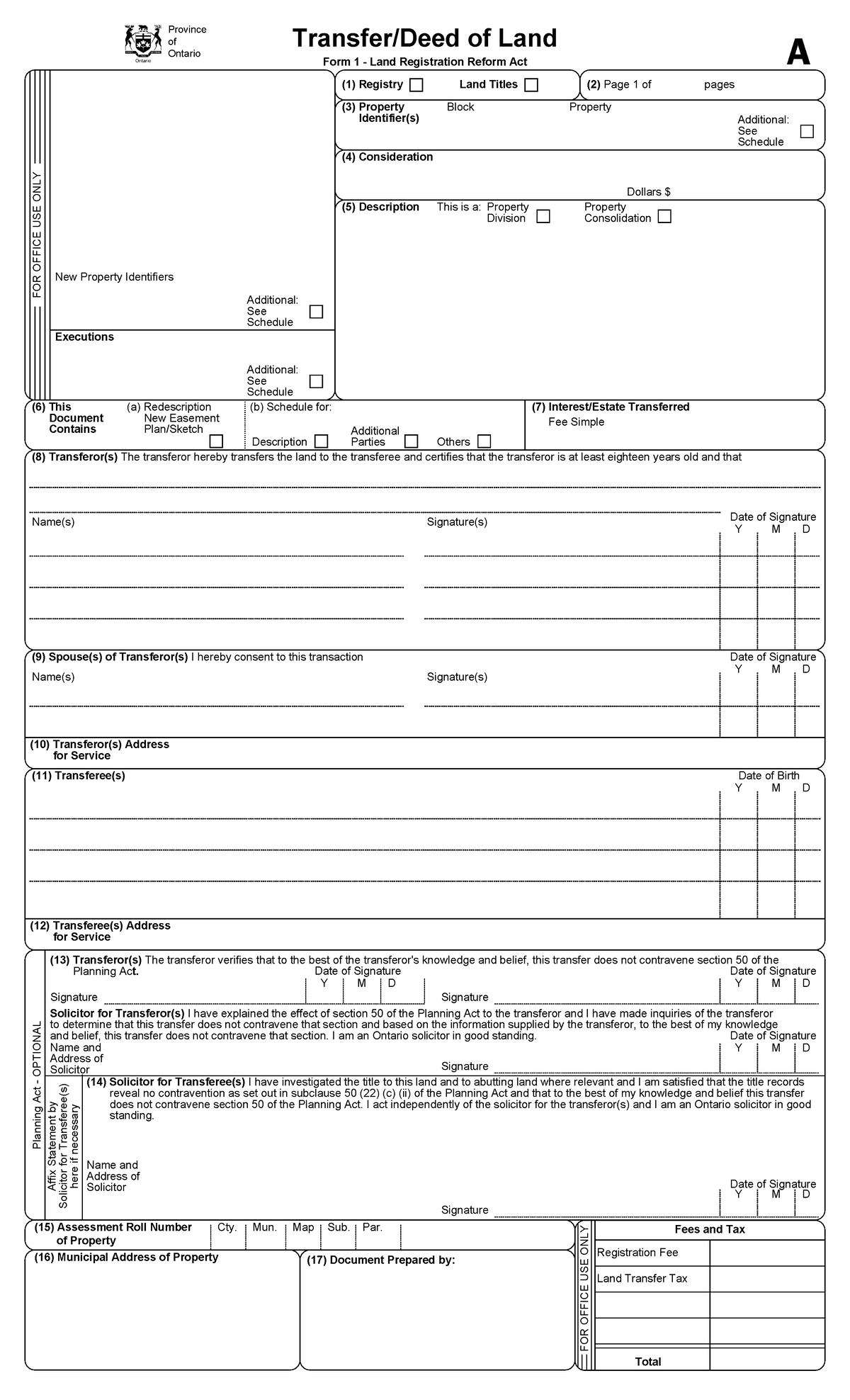 Sample Transfer/Deed of Land - Ontario Form 1 Document - Studocu