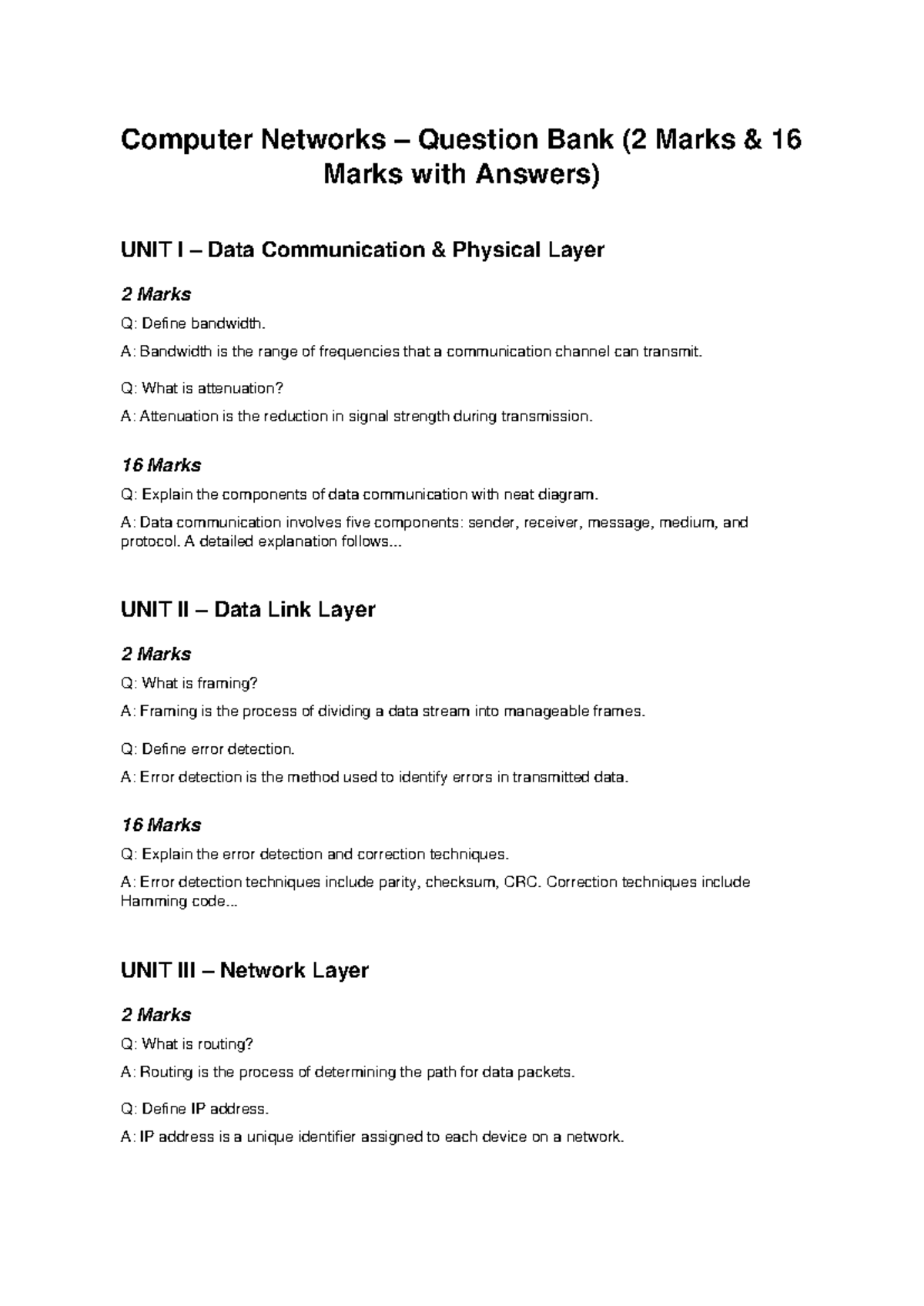 Computer Networks Question Bank (2 & 16 Marks) - Unit I & II - Studocu