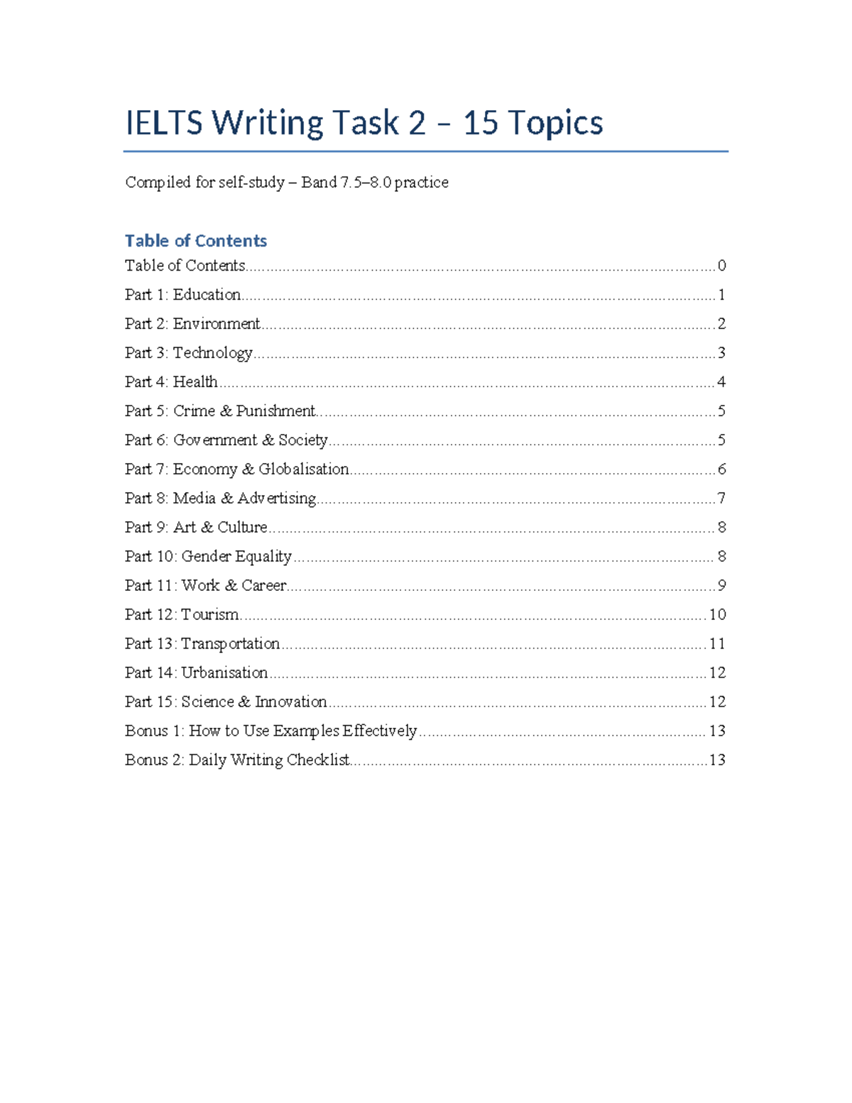 IELTS Writing Task 2: 15 Topics for Band Practice - Studocu