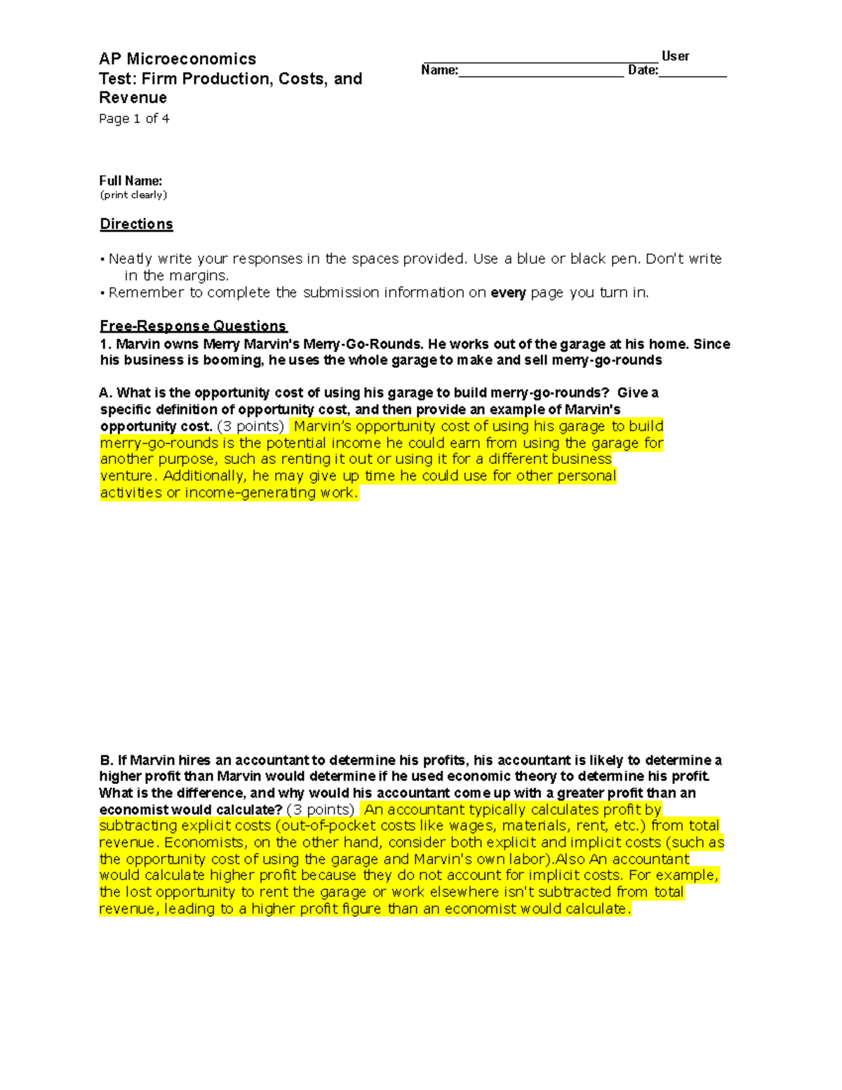 AP Microeconomics Test Answer Key: Firm Production, Costs & Revenue -  Studocu