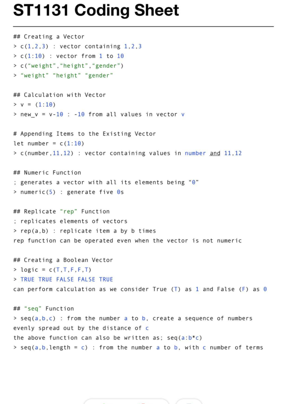 ST1131 Coding Sheet: R Programming Concepts and Techniques - Studocu
