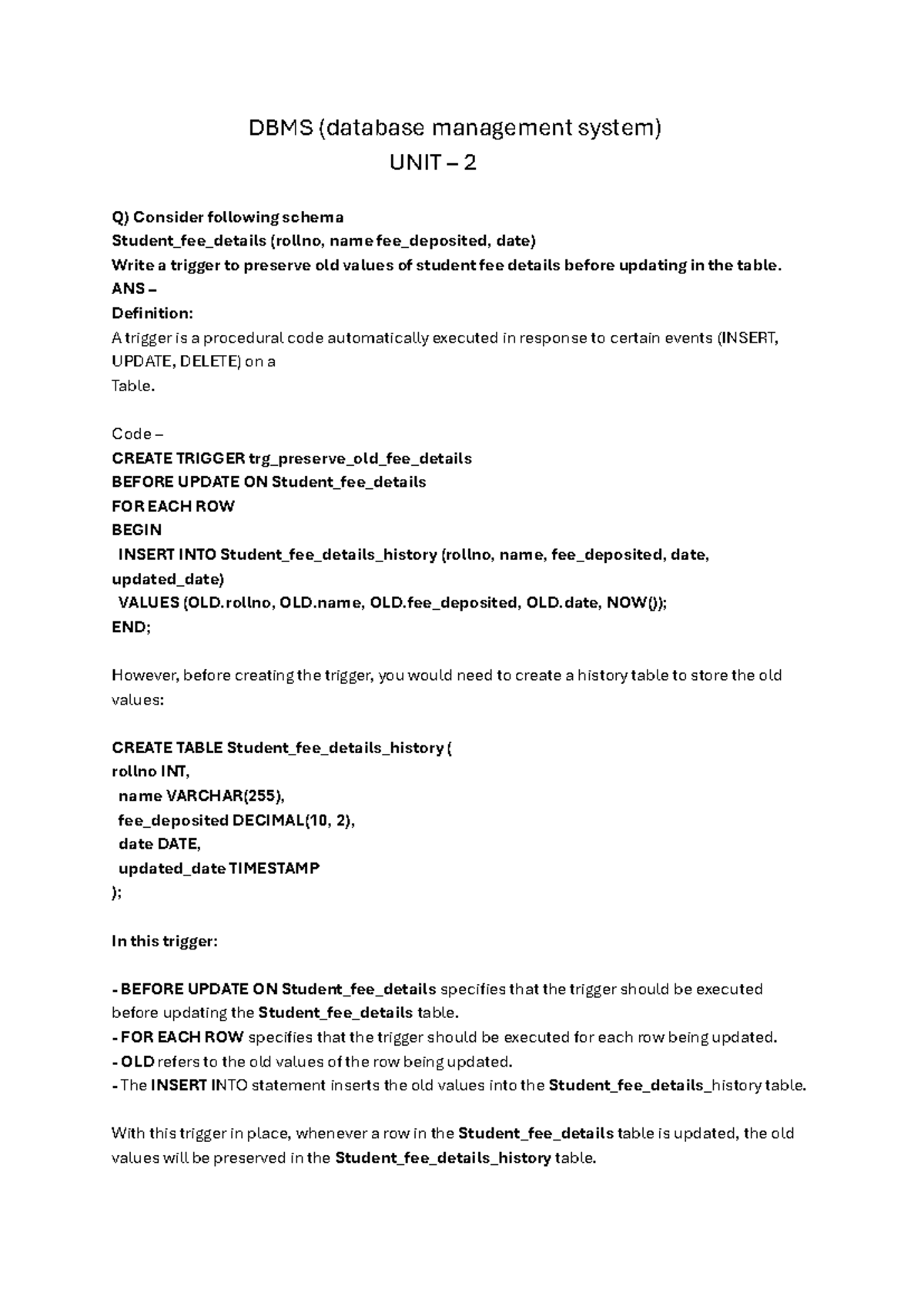 DBMS UNIT 2 - Trigger and Procedure Concepts Notes - Studocu