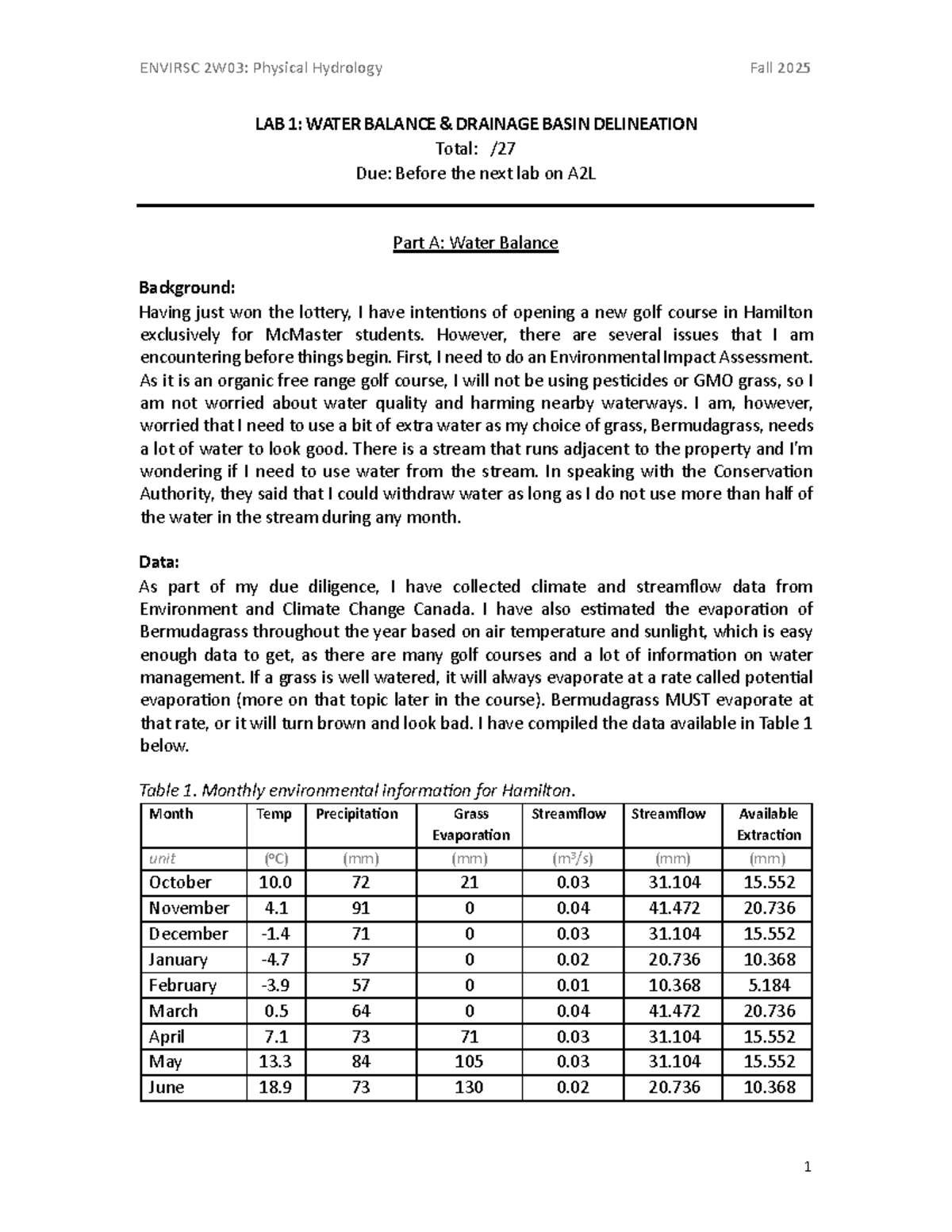 ENVIRSC 2W03: Physical Hydrology Fall 2025 Lab 1 - Water Balance ...