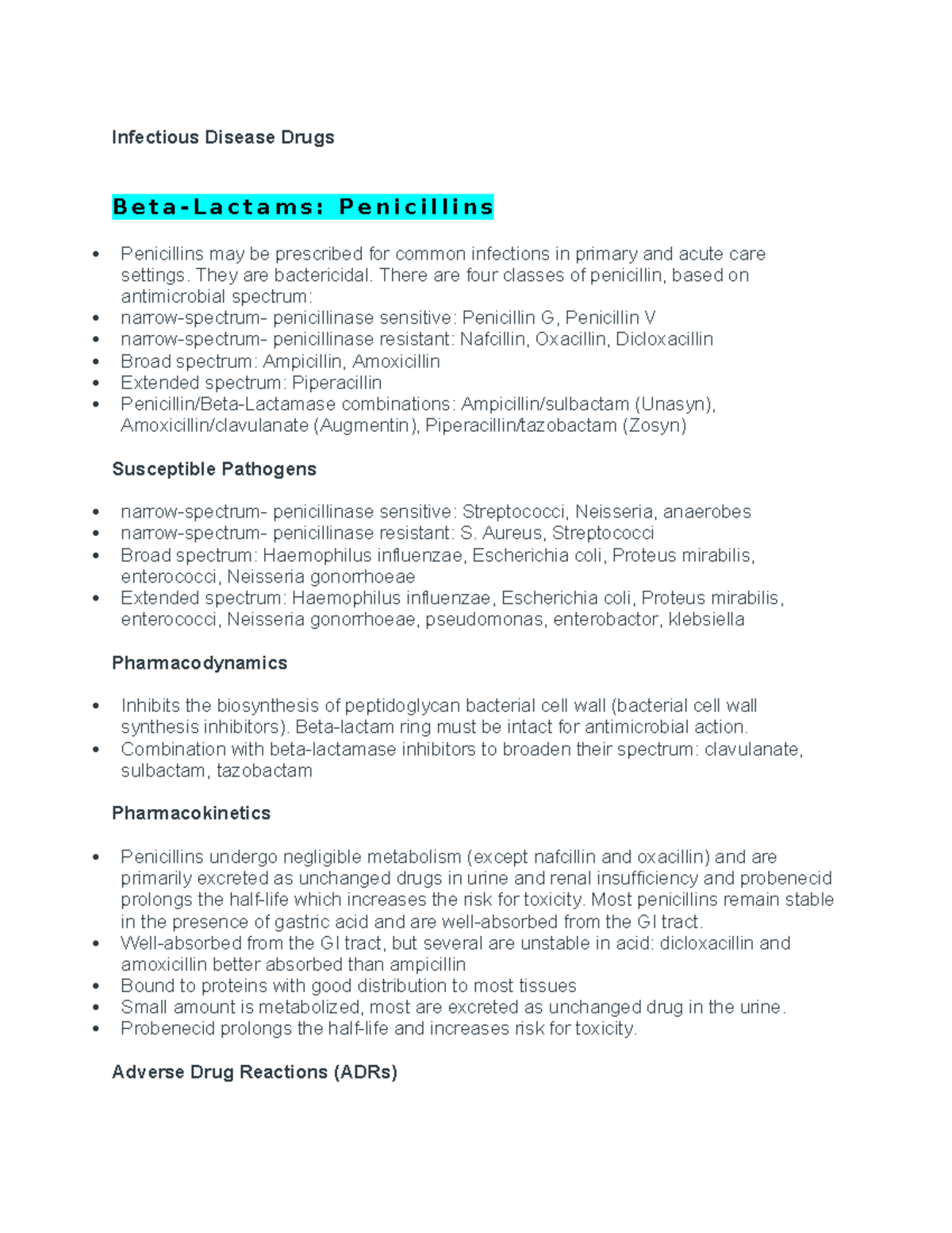 Antibiotics Pharm - notes - Infectious Disease Drugs B e t a - L a c t ...