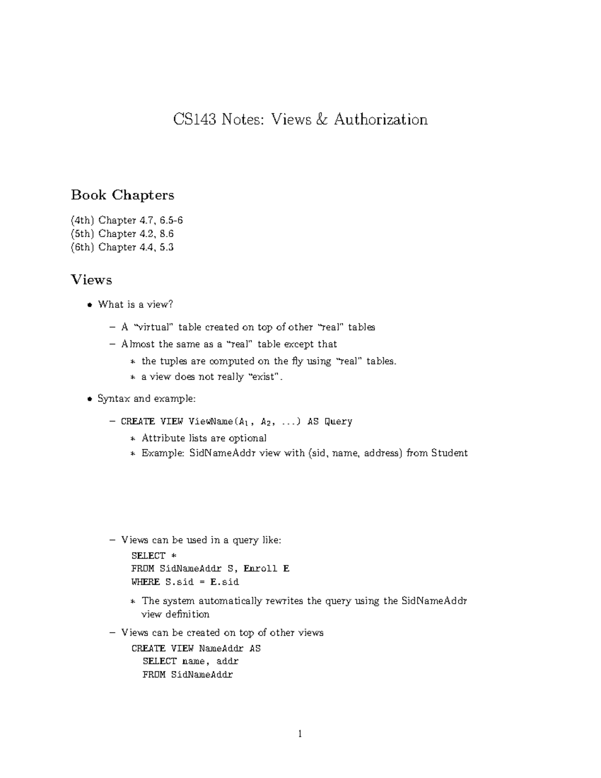 CS143 Notes: Views and Authorization in SQL (Ch. 4.2, 4.4, 4.7, 5.3, 8. ...
