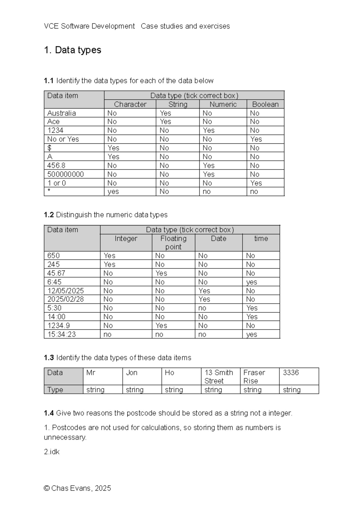 VCE Software Development Case Study: Data Types Analysis Y12 - Studocu