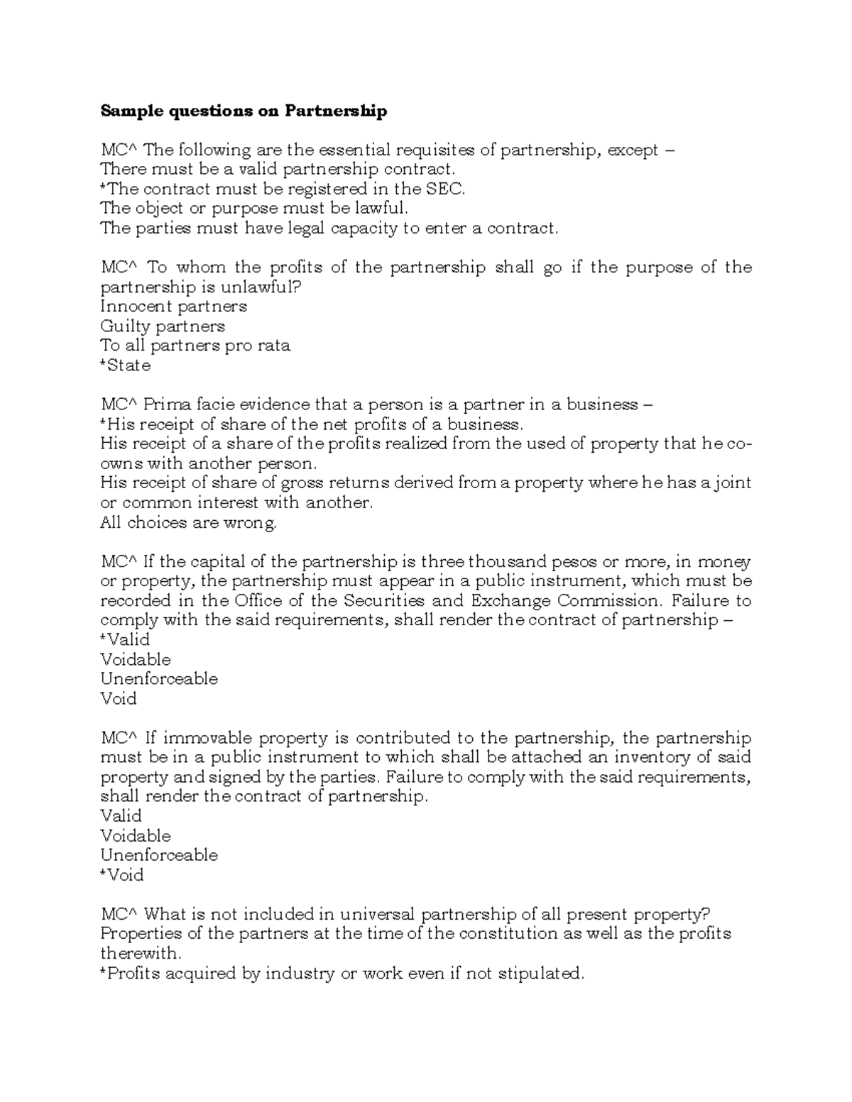 Sample Questions for Partnership & Pvt Corp: MCQs & Key Concepts - Studocu