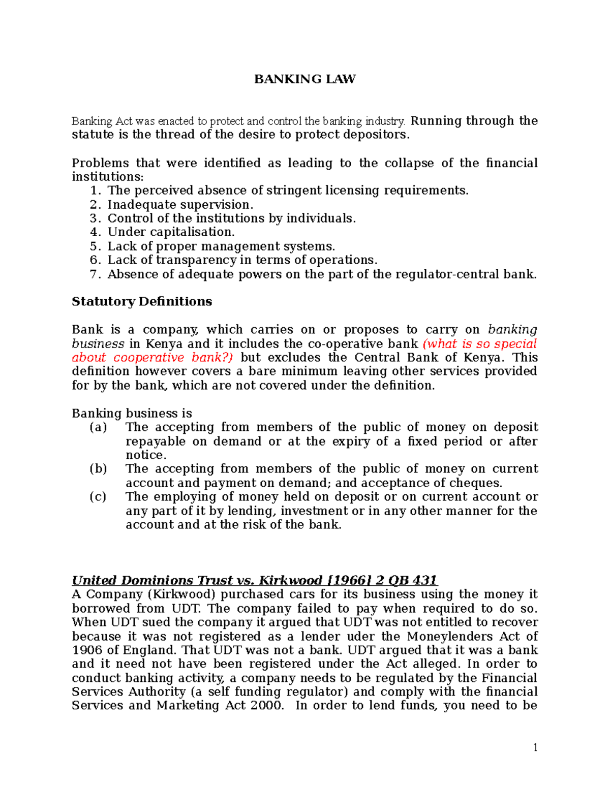 Banking Law Notes (BL101): Key Concepts and Case Summaries - Studocu