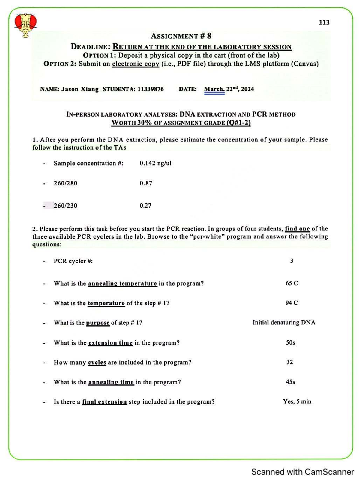 113 LAB ASSIGNMENT 8: DNA EXTRACTION & PCR METHOD DETAILS - Studocu