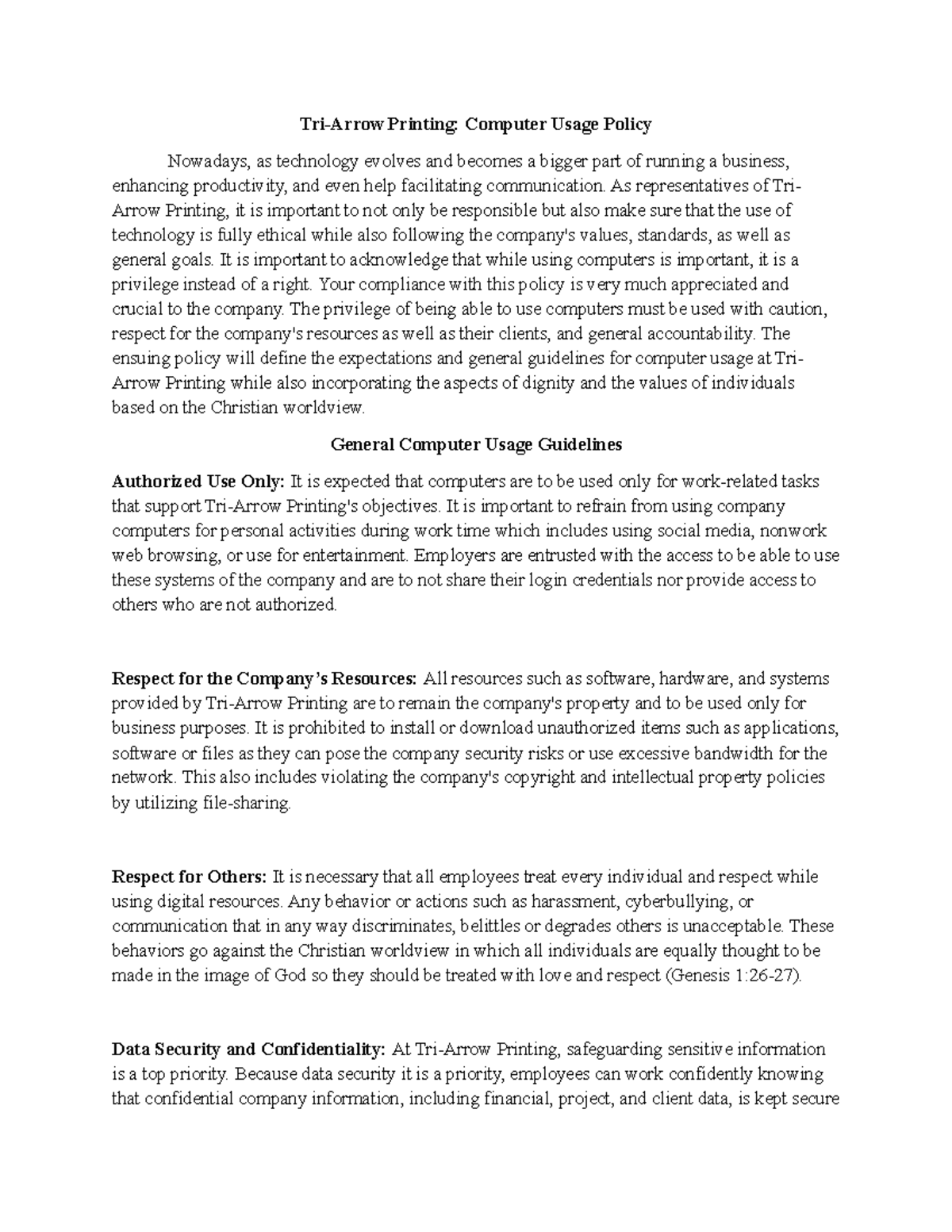 Tri-Arrow Printing Computer Usage Policy: Guidelines & Ethics - Studocu