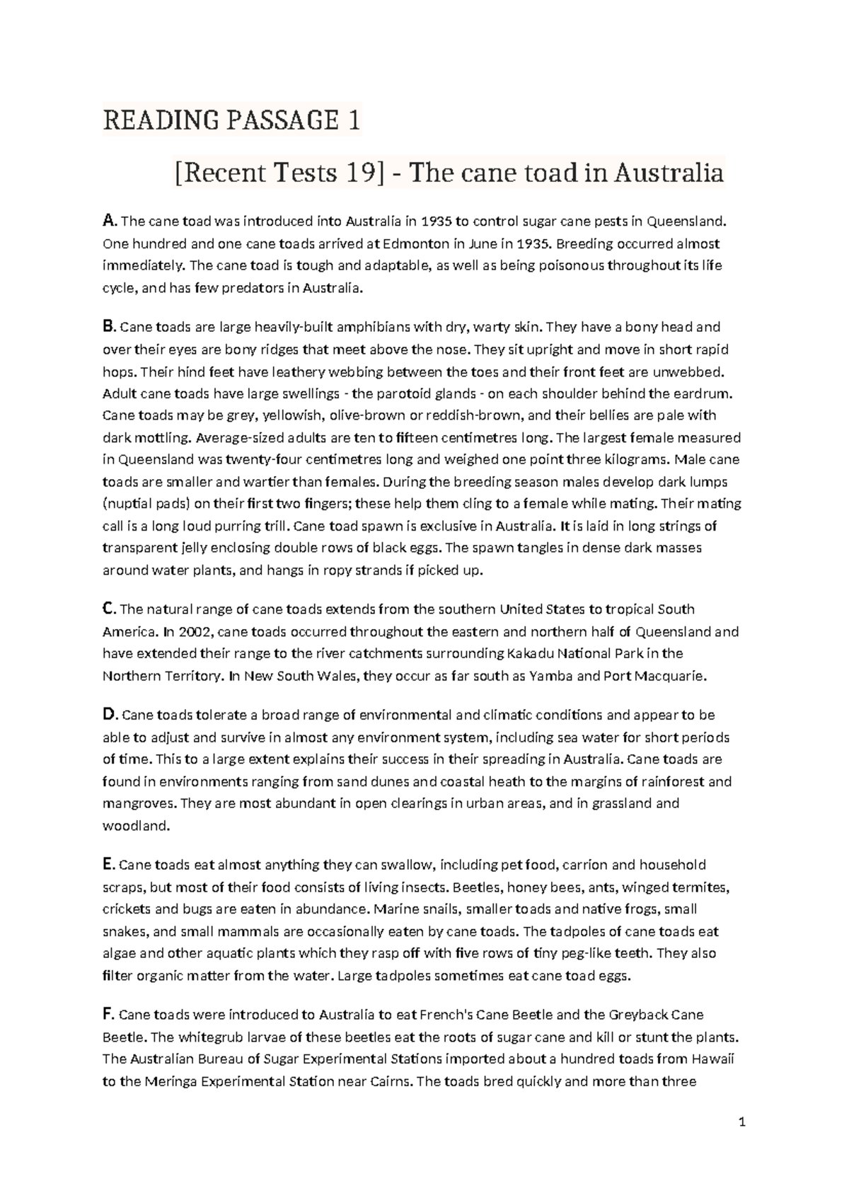 Recent Test 19 - Reading Passage Analysis on Cane Toads and Climate ...