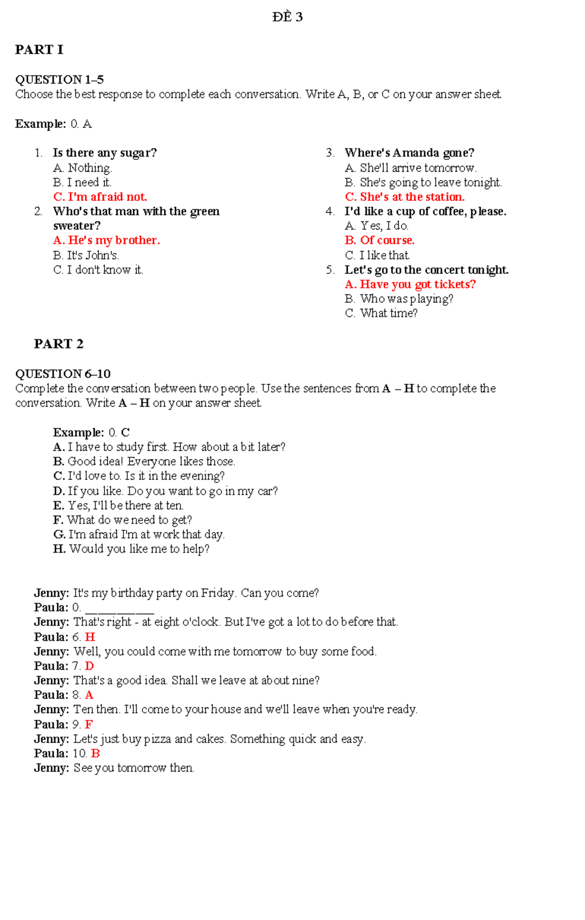 ĐỀ 3: Conversation Completion & Reading Comprehension Exercises - Studocu
