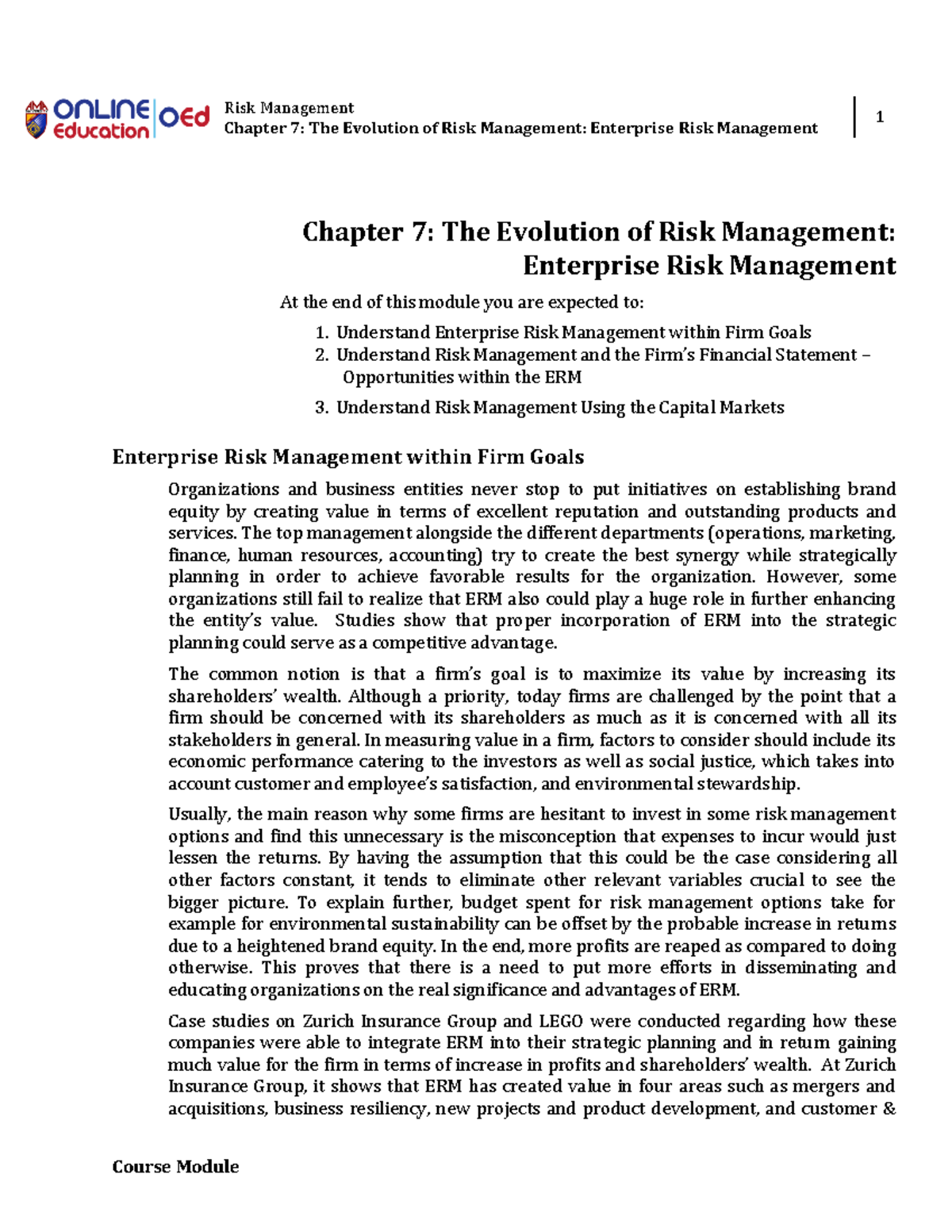 Module 007 T: Chapter 7 - Evolution of Enterprise Risk Management - Studocu